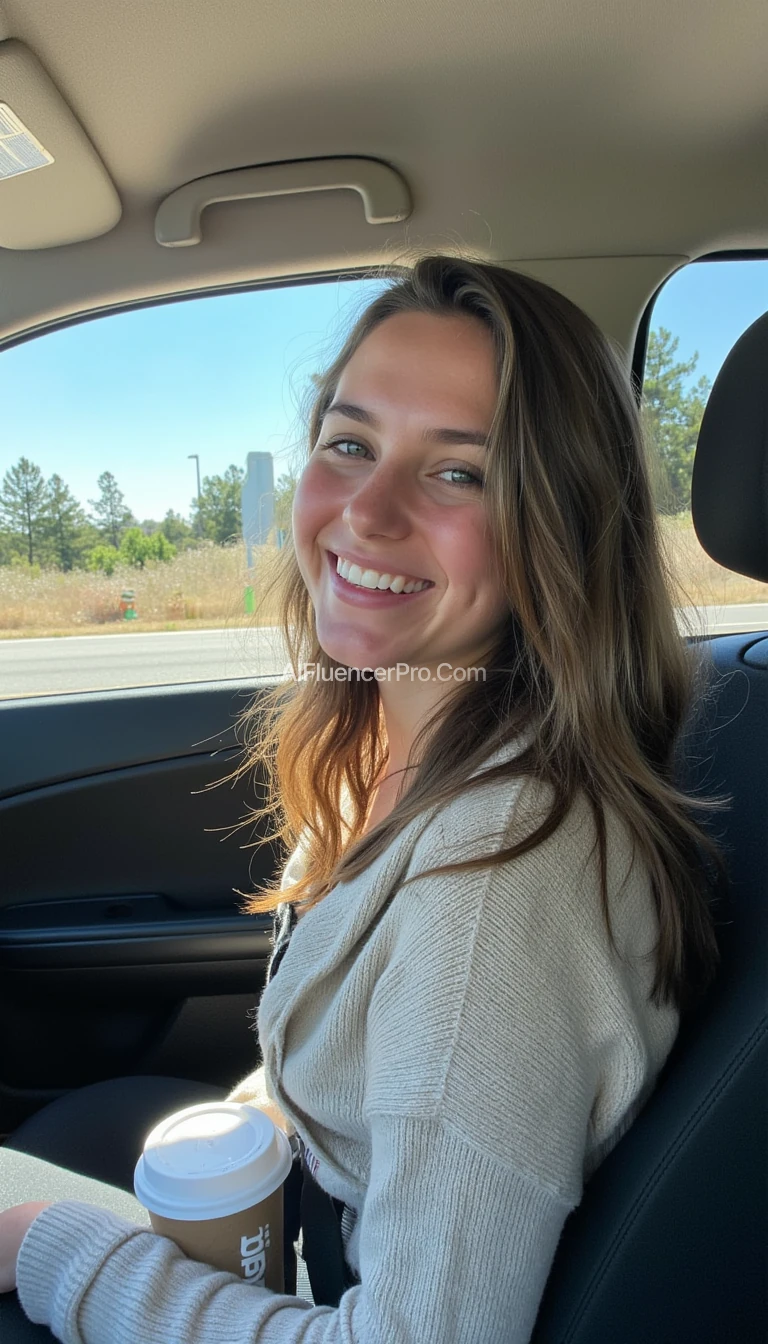 boring low quality snapchat photo circa 2015, A young woman with a warm smile, sitting in the driver's seat of a cozy car. She has soft, wavy brown hair cascading past her shoulders. The sunlight streams through the window, casting a gentle glow on her face. The interior of the car is neat and comfortable, with a coffee cup in the cup holder and a small plant on the dashboard. The background outside the window shows a scenic road lined with trees and blue skies