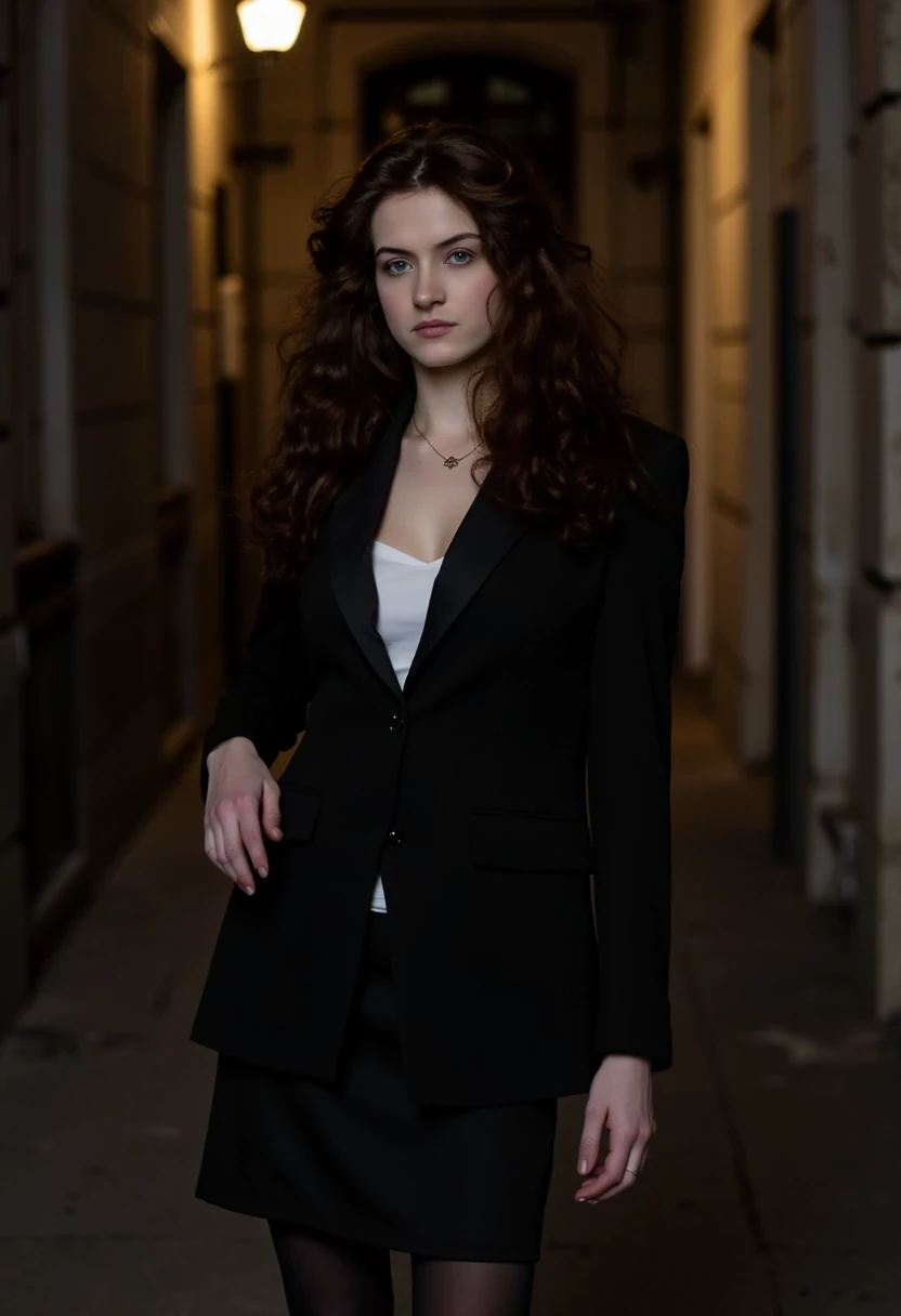 Woman CSTMDL, brunette, blue eyes, her hair are loose, she’s beautiful with a cold smile, wearing a tailored haute couture set, black blazer, black skirt, black tights and black high heels, elegant and modern, but very sexy. She also wears a white bustier under the blazer. Her expression is haughty and contemptuous. She looks like someone cold and unfriendly. Her skin tone is very white, (pallid), almost cadaveric. She’s wearing a small pendant. The background is a small deserted Parisian alley by (night). The light is very low, making the scene a bit worrying and frightening.