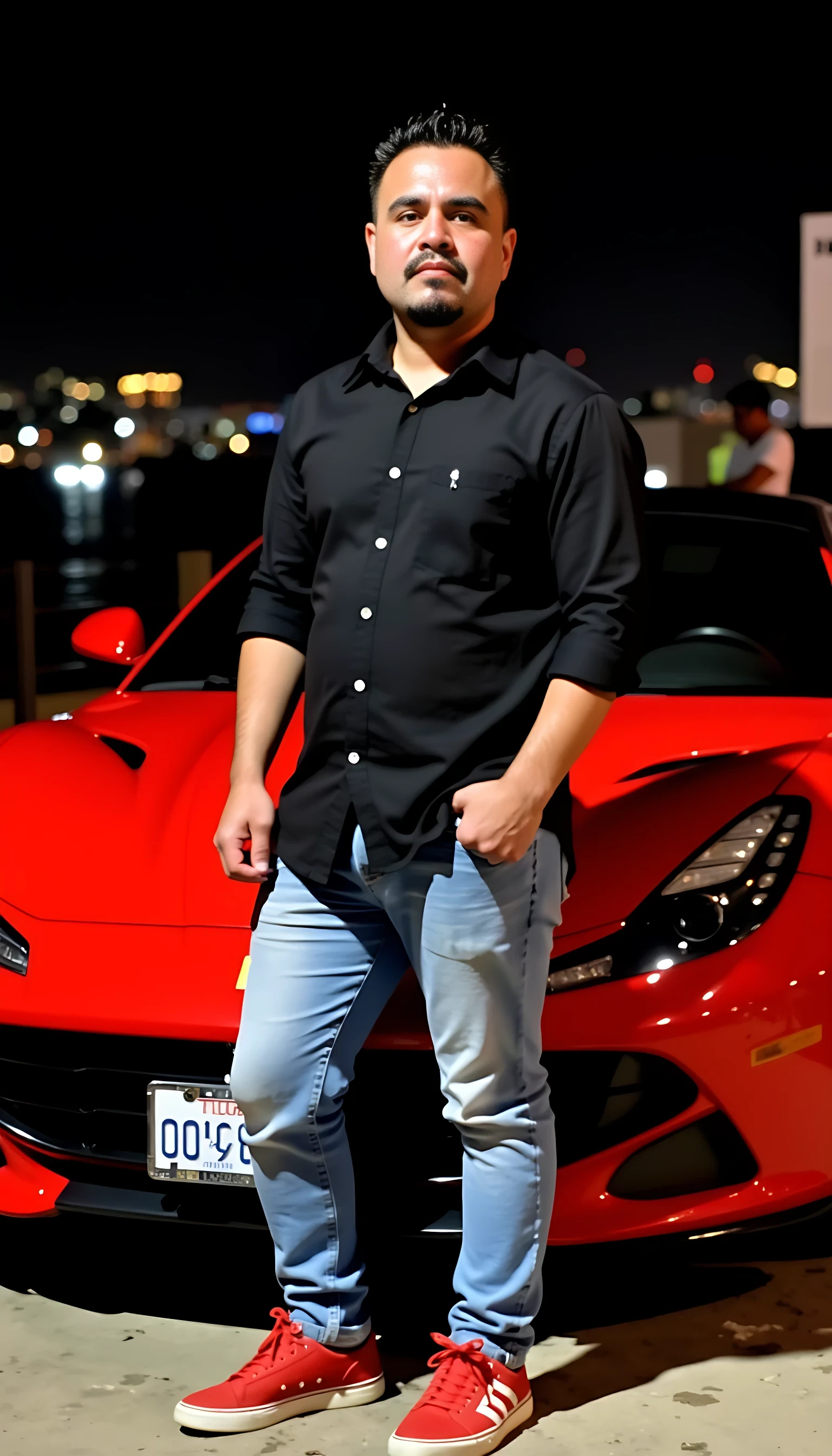 CSTMDL average body wearing a black dress shirt and light blue jeans red tenis shoes standing in front of a red Ferrari car with city night lights in the background 