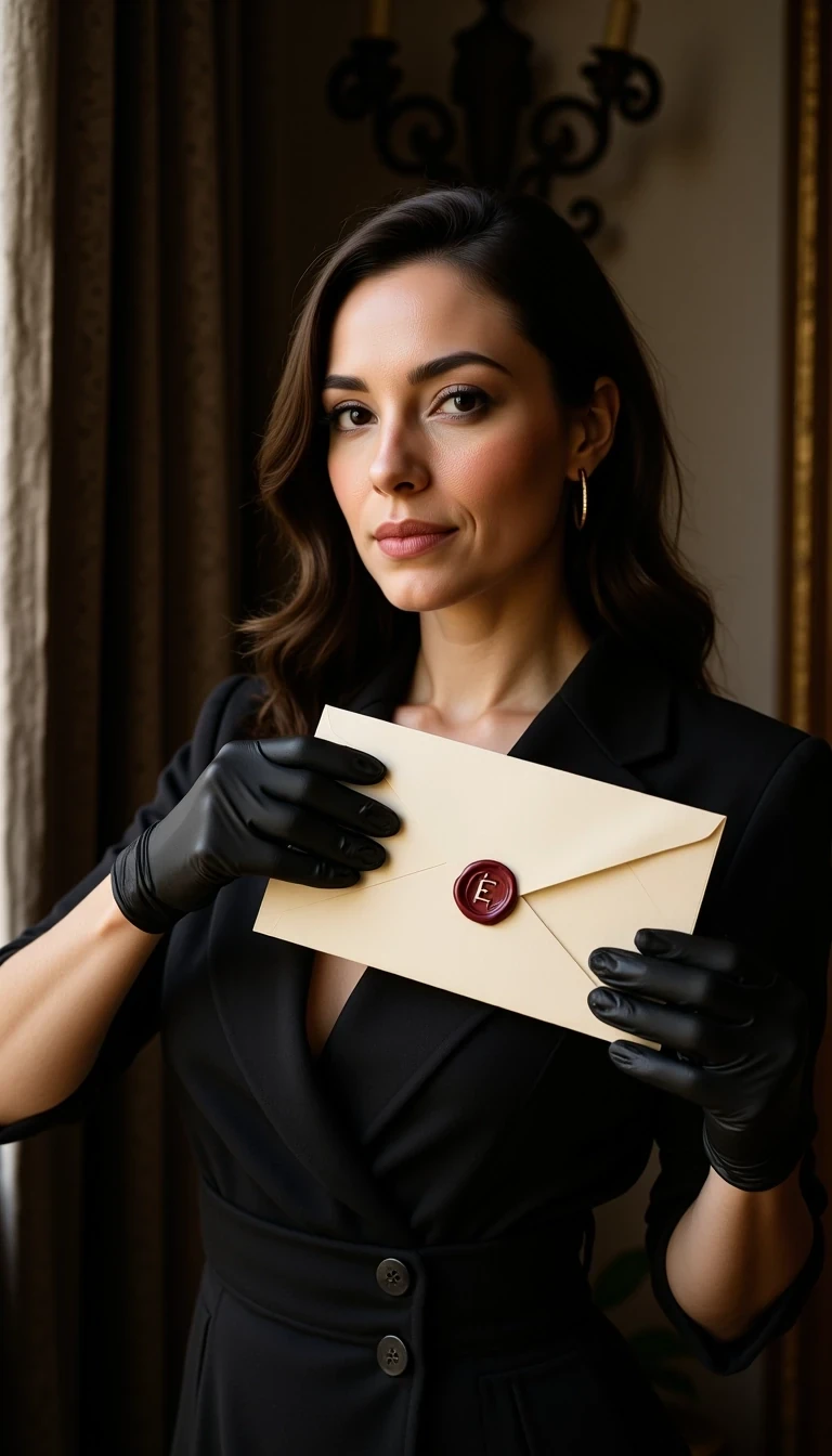 Model age: 30
Ethnicity: French
Style: Powerful, Elegant, Editorial, Dark Glamour, CSTMDL woman
Holding an envelope with wax seal marked “É”, black gloves, teasing expression, editorial style