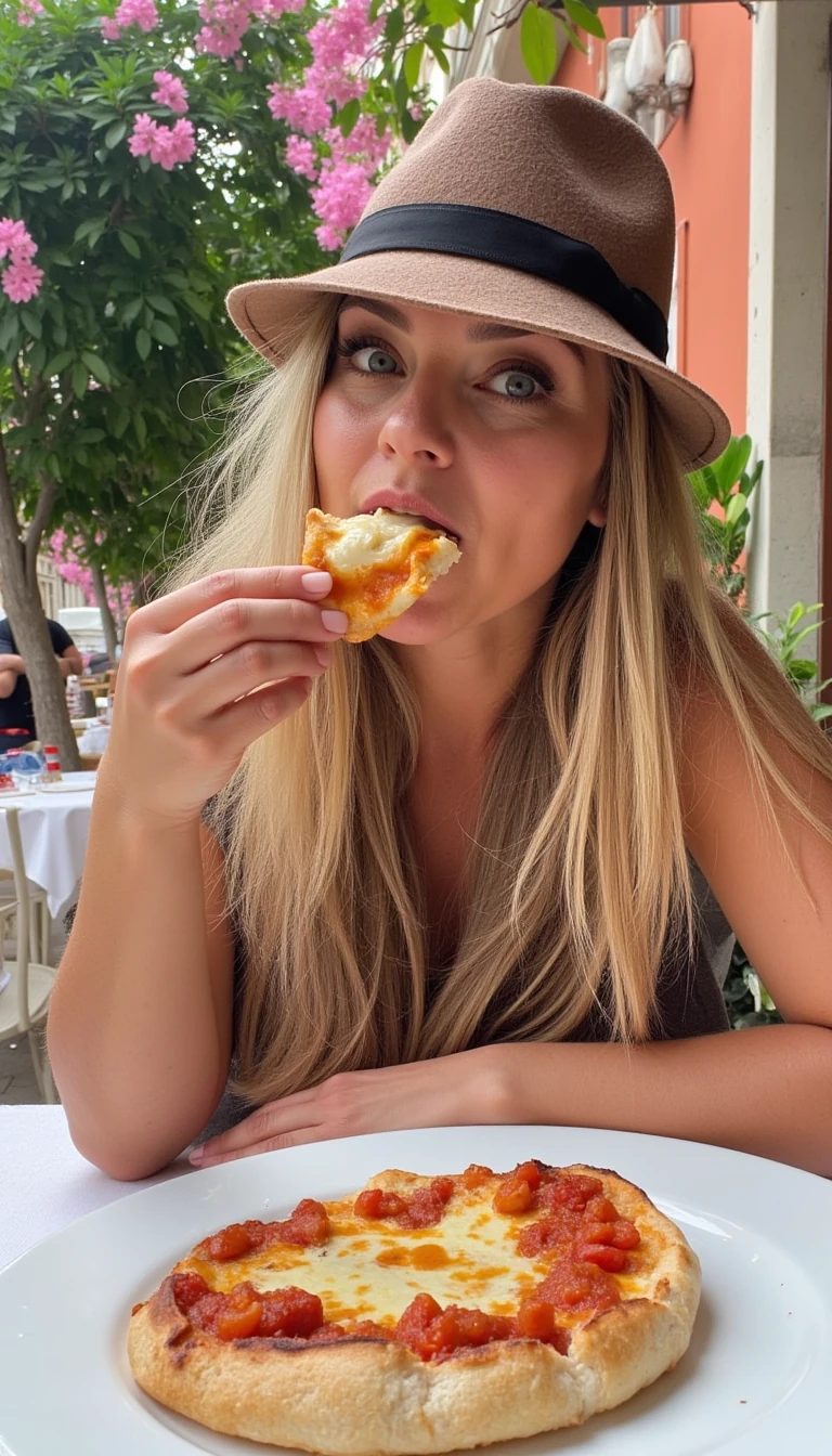 She is vacationing in Italy and decided to take a selfie while eating a delicious meal