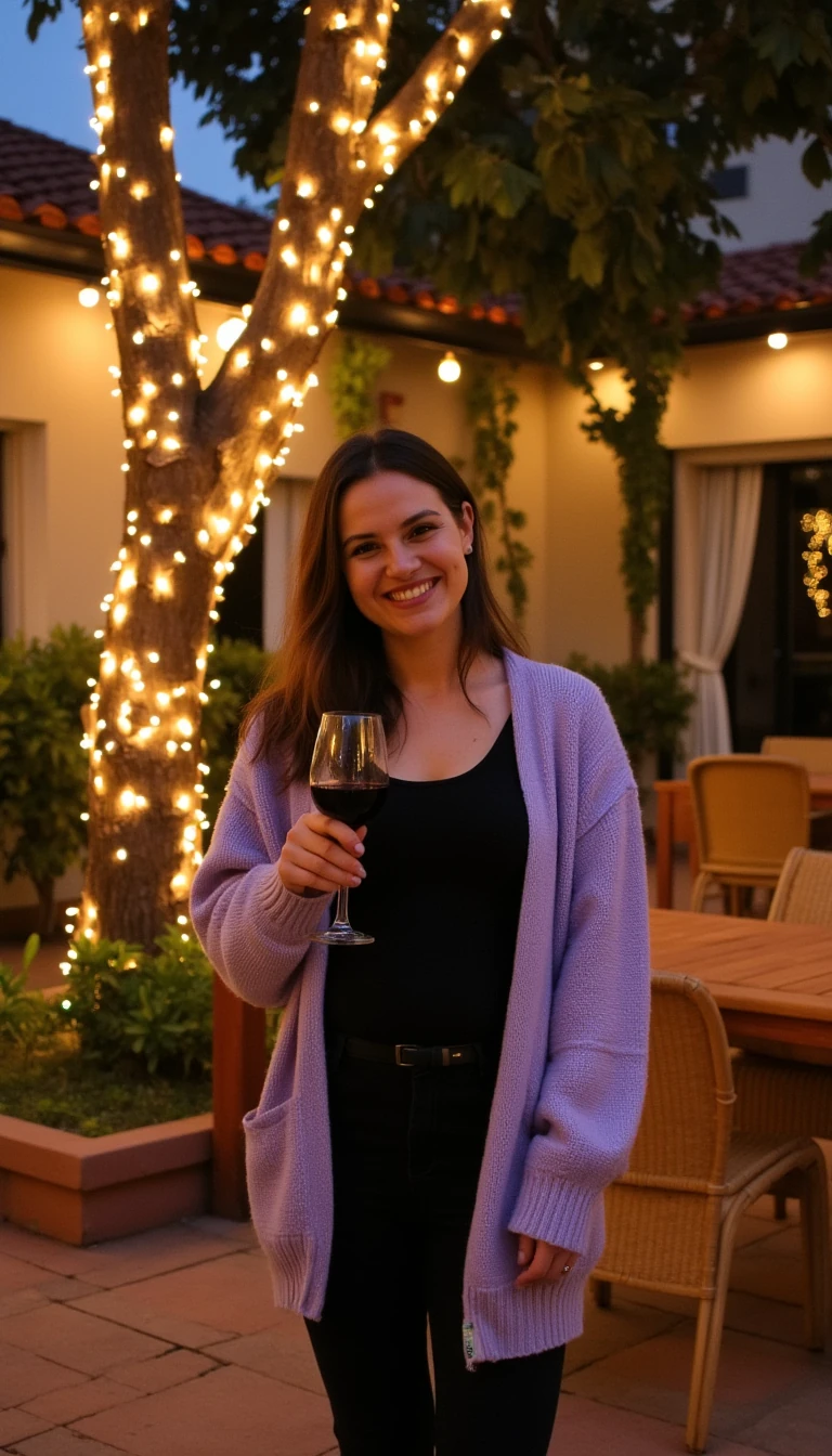Cdtmld A full body shot photo standing outdoors at a cozy, warmly lit patio in the evening, with soft, glowing lights wrapped around a tree behind them creating a charming atmosphere. The image is rich in detail, with warm tones and clear textures throughout. The woman has fair skin, also worn loose. She is smiling warmly at the camera, holding a glass of red wine in her right hand, and wears a soft-textured lavender cardigan over a black top. The background features a large tree with sparkling string lights wrapped around its trunk and branches, adding a magical touch to the scene. The setting suggests a private outdoor seating area, with elements like terracotta-tiled roofing, greenery, and rattan chairs contributing to a serene, inviting vibe. The overall composition is balanced, with the woman framed against the softly glowing tree, and the lighting enhances the warm, intimate feel of a quiet evening shared among friends. The details are vivid, with textures of clothing, skin, and background elements clearly visible, while the warm lighting creates a relaxed and joyful mood