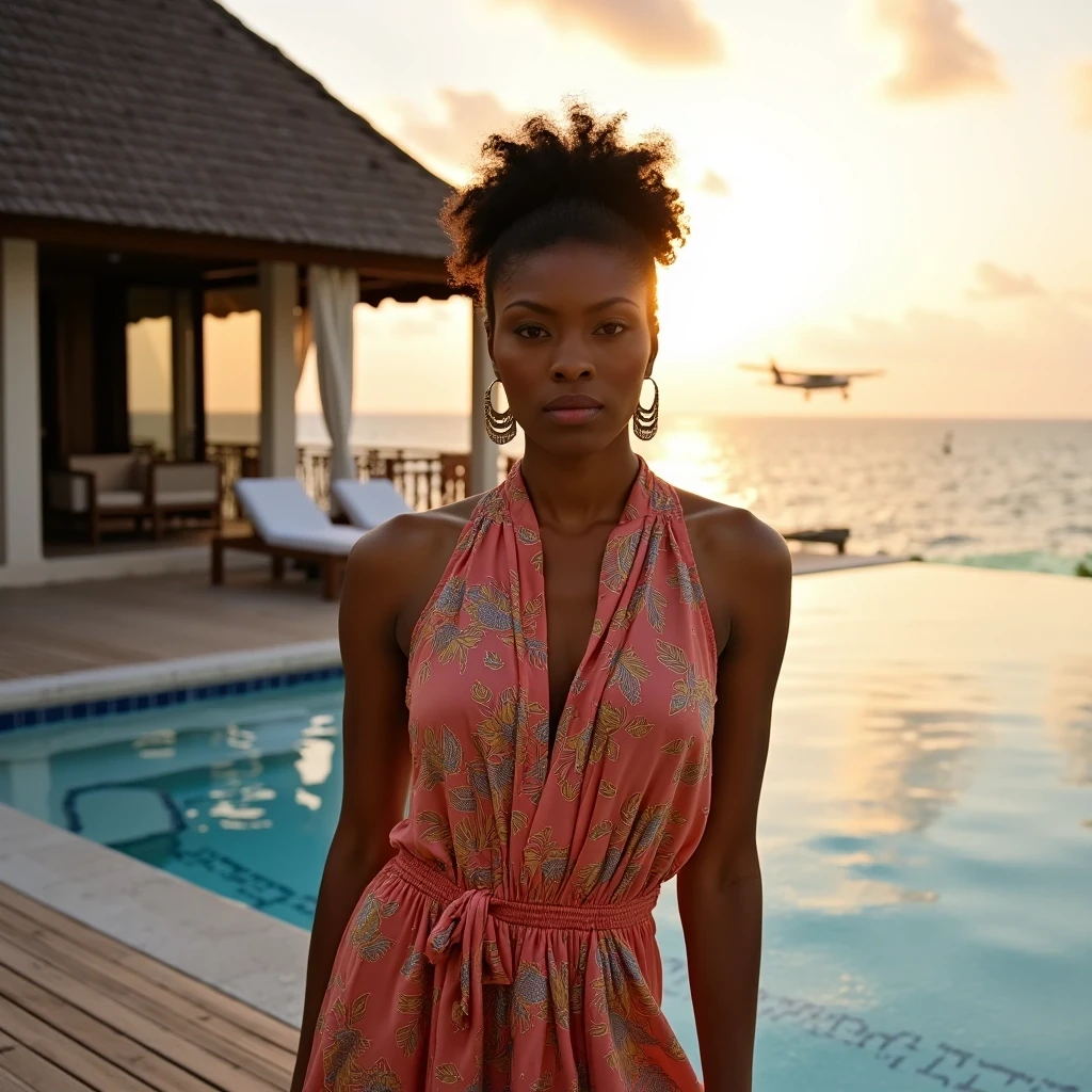 Maldives Sunrise
Shot on Canon R5, 24-70mm f/2.8, ISO 100, 1/2000 sec. African American model in Hermès silk kaftan on overwater villa deck. Light olive brown skin glowing in golden hour light. Natural skin texture enhanced by ocean mist. Background: infinity pool merging with Indian Ocean, seaplane landing in distance.
 CSTMDL