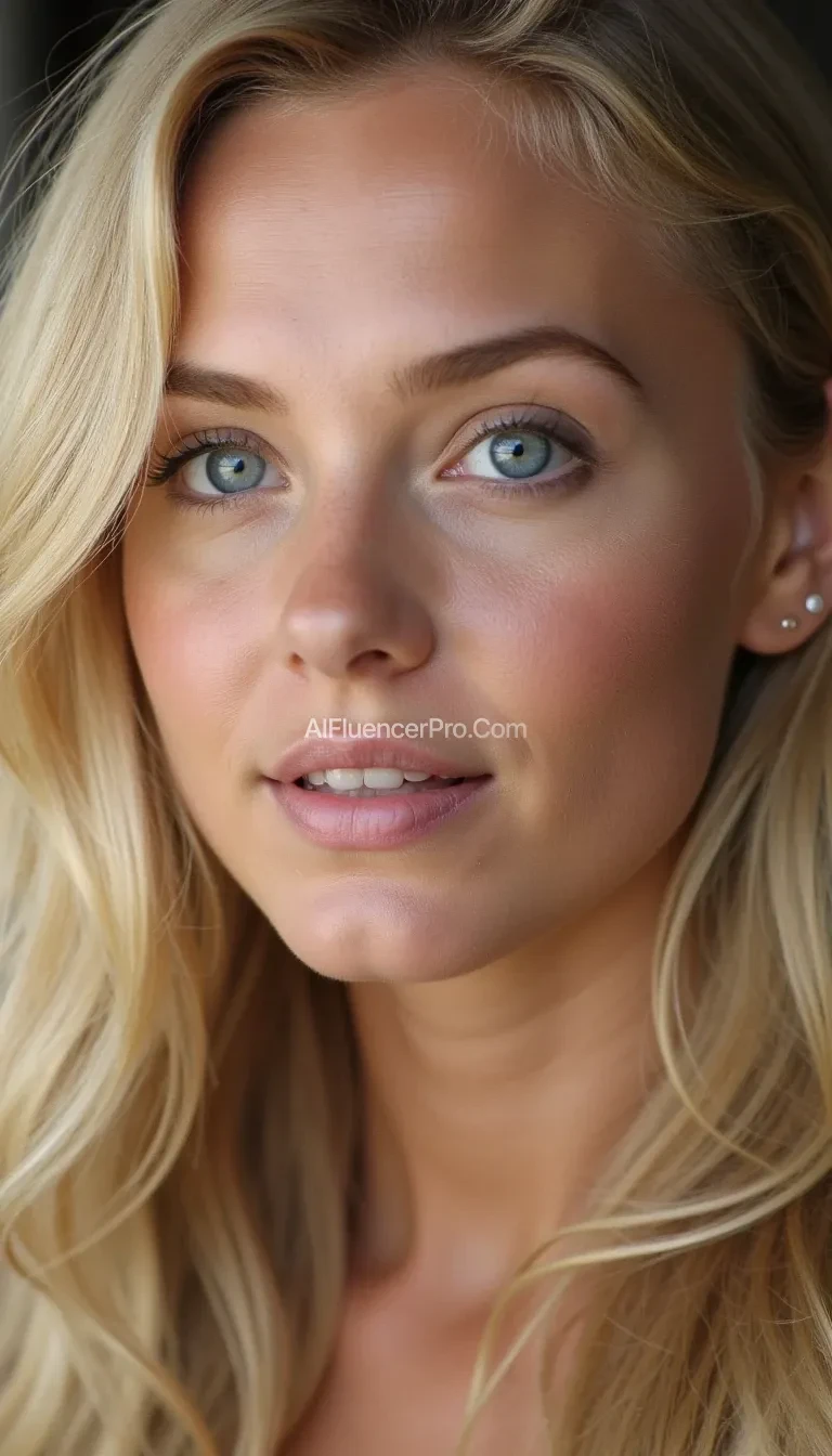 Beautiful blonde woman, perfect facial symmetry, radiant skin, stunning blue eyes, delicate features, soft smile, flowing golden hair, ultra-realistic, cinematic lighting, intricate skin details, high-quality photo.

