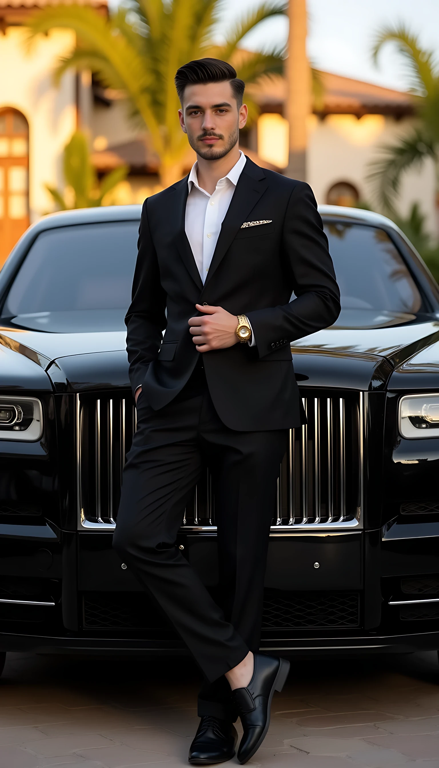 "A photo-realistic image of the Same young man, maintaining his current real-life age and facial features - not younger or older. He is confidently leaning on a black Mansory Rolls-Royce Phantom, wearing a perfectly tailored black suit with a subtle gold bracelet. The photo is taken during golden hour in front of a luxury villa with palm trees, giving off a calm, elegant, and powerful vibe. Shot in natural lighting with soft shadows, styled like a candid iPhone portrait with a premium feel - modern, sharp, authentic."
