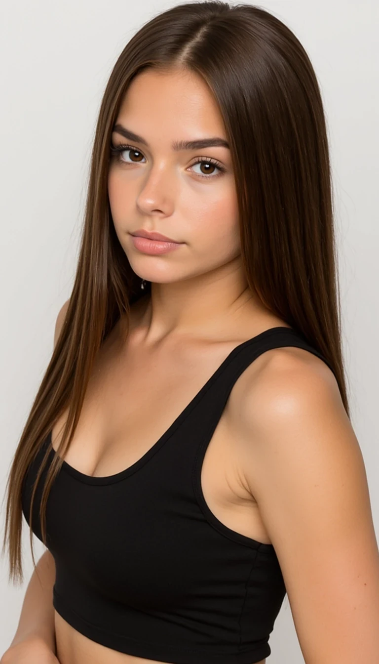 photo of a CSTMDL
Big tits
Body type and measurements:
She is an 18 years old girl. Her hair is long, reaching below the shoulders, with a straight to very slightly wavy texture. It has a healthy, smooth appearance with natural shine and volume. The color is medium to dark brown with subtle warm undertones, and the strands appear moderately thick and uniform in density. The hair is parted slightly off-center or middle in most images, framing the face symmetrically. Eyes are large, almond-shaped, and widely spaced. The irises appear medium to dark brown with a warm, slightly amber tone under natural lighting. Eyelids have a soft natural crease, and the eye area is framed by full, dark lashes and naturally arched brows of medium thickness, which complement the overall symmetry of the face. She has an hourglass figure. Height approximately 64 inches. Bust is full, round, and projected, with an estimated circumference of 36 inches and moderate projection from the chest wall. Underbust estimated at 28 inches, giving a bust-to-waist contrast of about 7 inches. Waist is narrow, strongly cinched, and flat, estimated at 24 inches, with a pronounced curve into the hips. Hips are broad and rounded, estimated at 39 inches, with high hip bones and a strong waist-to-hip ratio. Gluteal region is prominent, lifted, and firm, with well-developed curvature extending outward and downward. Thighs are thick and full, estimated at 24 inches at the widest point, with a slight taper toward the knees. Calves are not visible in all photos, but appear balanced with thigh proportions. Abdomen is flat with a bit of fat. Arms are slim with soft definition, estimated upper arm circumference around 9 inches. Shoulders are slightly broad and rounded, creating symmetry with hip width; clavicle line is soft and horizontal. Neck is medium-length and proportionate. Torso is short to medium in vertical length, with the distance from underbust to waist appearing compact. Ribcage is slightly narrow. Legs are long relative to torso, contributing to an elongated lower-body visual impression. Posture appears upright and relaxed, with natural spinal curvature and mild anterior pelvic tilt. Skin surface is smooth and even-toned and lightly tanned.
Scene/Background
The photo is taken in an urban, industrial-style location with concrete walls and overhead lighting. The neutral-toned, minimalist environment provides a stark contrast that emphasizes the subject and her outfit.
Position
The subject is standing and looking slightly downward, with one hand holding a small handbag at her side. Her legs are angled as if mid-step, giving the composition a natural, candid quality. The posture balances elegance with a casual street-style edge.
Clothing
She is wearing a form-fitting black mini dress with thin straps and a plunging neckline. The look is paired with bold, sporty high-top sneakers in blue, black, and white, creating a striking mix of chic and casual styles. A small handbag with a colorful patterned design adds an accent detail.
Lighting
The lighting is artificial, coming from overhead fixtures, casting even illumination across the scene. The cool, industrial light enhances the concrete textures of the background while keeping the subject clearly highlighted.
Vibe
The atmosphere is modern and edgy, blending elegance with streetwear influence. The pairing of a sleek dress with sneakers conveys individuality and confidence, making the portrait feel bold and fashion-forward.