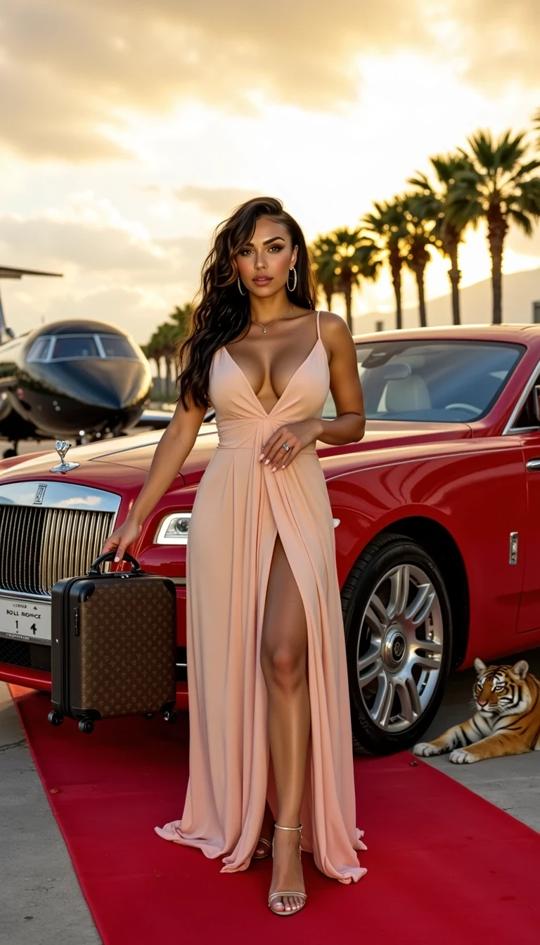 thick, curvy, sexy, showing cleavage/big breast, straight haired 155 lb Alice: A cinematic, photorealistic image of Alice stepping gracefully onto a red carpet beside a sleek red Rolls-Royce Phantom and a black private jet under the golden morning sun. Palm trees line the tarmac, their leaves gently swaying in the breeze, framing the luxurious scene. Alice, a confident and elegant woman with bronzed skin, long brunette hair flowing softly, and refined facial features, wears a flowing blush-pink designer gown that catches the light beautifully. She holds a stylish Louis Vuitton travel suitcase, exuding the aura of power, wealth, and effortless sophistication. Pet tiger laying next to the Rolls Royce Phantom. The setting glows with warm sunlight, creating soft reflections on the Rolls-Royce and jet, symbolizing success and high-society glamour. 8k ultra-detailed realism, shot with Sony A7 IV 500mm lens wide screen, luxury travel editorial, cinematic composition, soft golden light, professional fashion photography 



