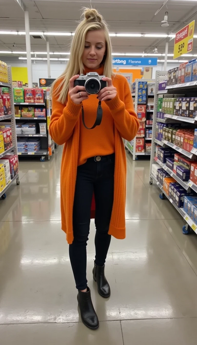 CSTMDL Alice holding out her camera taking a selfie in a grocery store wearing black skinny jeans, ugg boots, and an orange sweater with her hair in a bun 