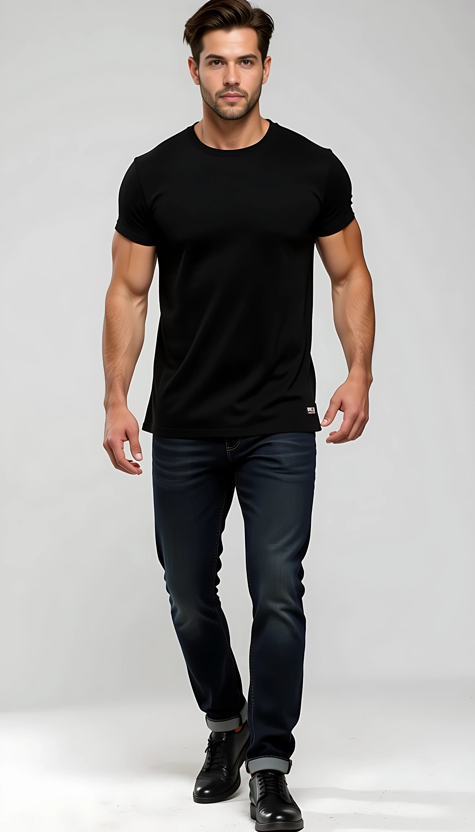 Create a character who exudes a commanding yet effortlessly relaxed presence. He is a tall, imposing figure standing at approximately 6'3" and weighing around 250 pounds of lean, well-defined muscle. At around 21 years old, his youthful vigor enhances his powerful physique, with broad shoulders and muscular arms accentuated by a fitted black T-shirt. His dark denim jeans hug his thighs, emphasizing his strong, athletic build, and he wears expensive, polished designer shoes—sleek and high-end, adding a touch of sophistication to his otherwise casual, laid-back style.
His dark brown hair is styled with a modern edge: trimmed shorter on the sides, with longer, tousled strands on top that fall in an intentionally unkempt, "just rolled out of bed" manner, giving him a rugged yet effortlessly attractive appearance that suits his youthful energy. His face is striking and clean-shaven, with a straight nose and a chiseled, smooth jawline that occasionally twitches with a subtle tic, hinting at an underlying intensity or restlessness beneath his cool exterior. His most captivating feature is his vibrant green eyes, so vivid and intense they seem to hold secrets, drawing attention with their depth and magnetic allure.
He moves with a confident, unhurried ease, as if he has all the time in the world to reach his destination, exuding a sense of self-assuredness and control. His overall demeanor blends youthful strength, mystery, and casual charm, with an air of someone who is both approachable and enigmatic, leaving others intrigued by the story behind his piercing green gaze and relaxed, confident stride.