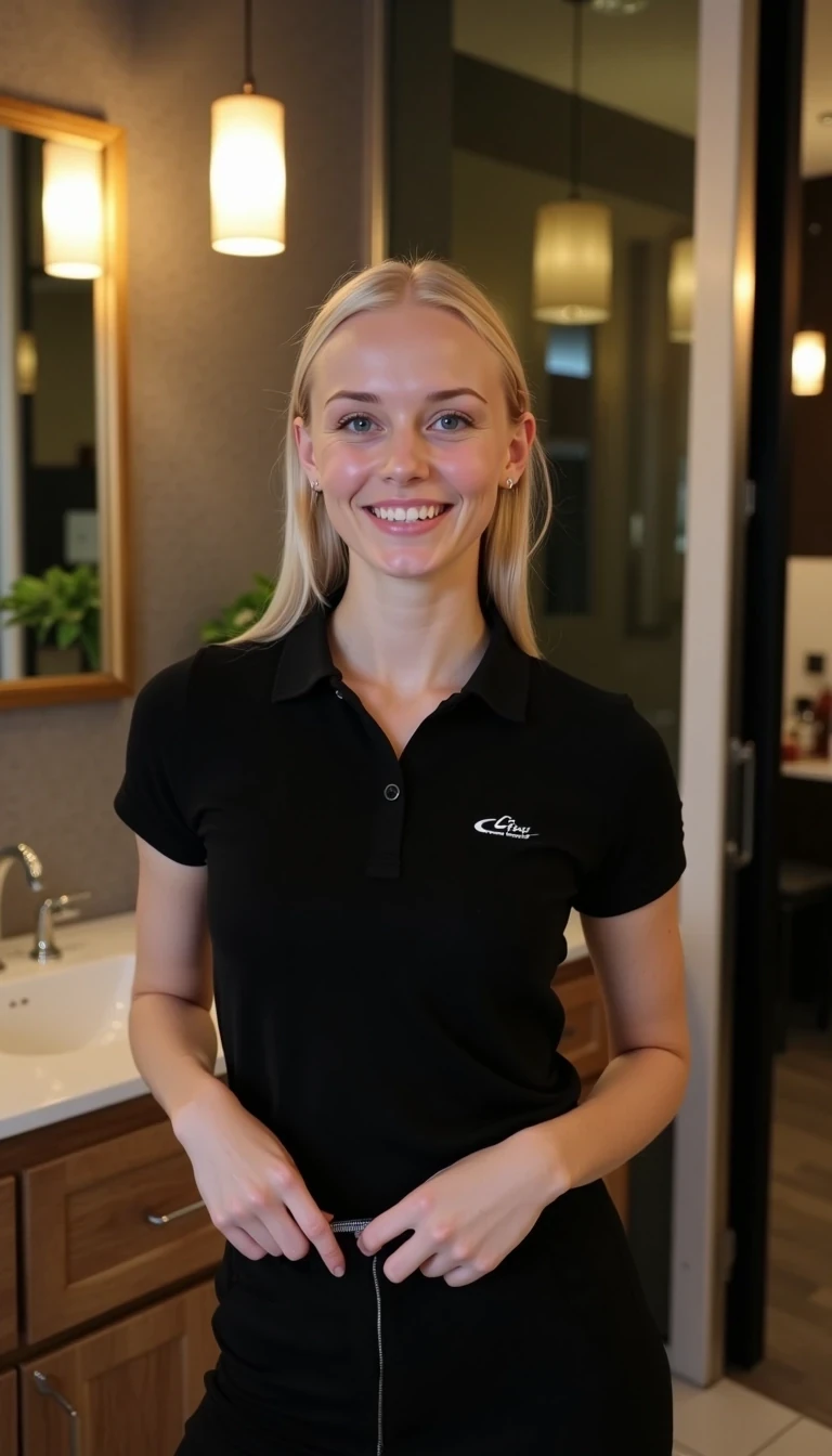 CSTMDL, Hailey, A photorealistic portrait of a young woman in her early 20s with fair porcelain skin, smooth complexion, subtle natural makeup with soft pink lips and light eyeliner, straight blonde hair tied back in a neat ponytail, bright blue eyes sparkling with warmth, friendly genuine smile revealing straight white teeth, confident and approachable demeanor, gazing directly at the viewer with engaging eye contact; she is wearing a fitted black short-sleeved polo shirt, tucked into slim black pants, no visible accessories; she is pulling a string of her light blue colored panties under her pants. set in a modern upscale restaurant bathroom interior with high ceilings, warm ambient hanging pendant lights with golden glow in the background; dominant colors are neutral blacks and grays with pops of green foliage, warm wood tones; composition is a medium close-up shot from a slight low angle to emphasize approachability, framed centrally with balanced symmetry, captured with a Canon EOS 5D Mark IV camera using a 50mm prime lens at f/2.8 aperture for shallow depth of field, ISO 100 for crisp details, natural window lighting supplemented by soft indoor LEDs at 4000K color temperature, hyper-realistic textures like the soft cotton weave of the polo shirt, and smooth skin pores; ultra-detailed, hyperrealism, photorealistic rendering indistinguishable from a high-resolution photograph, 8k resolution.