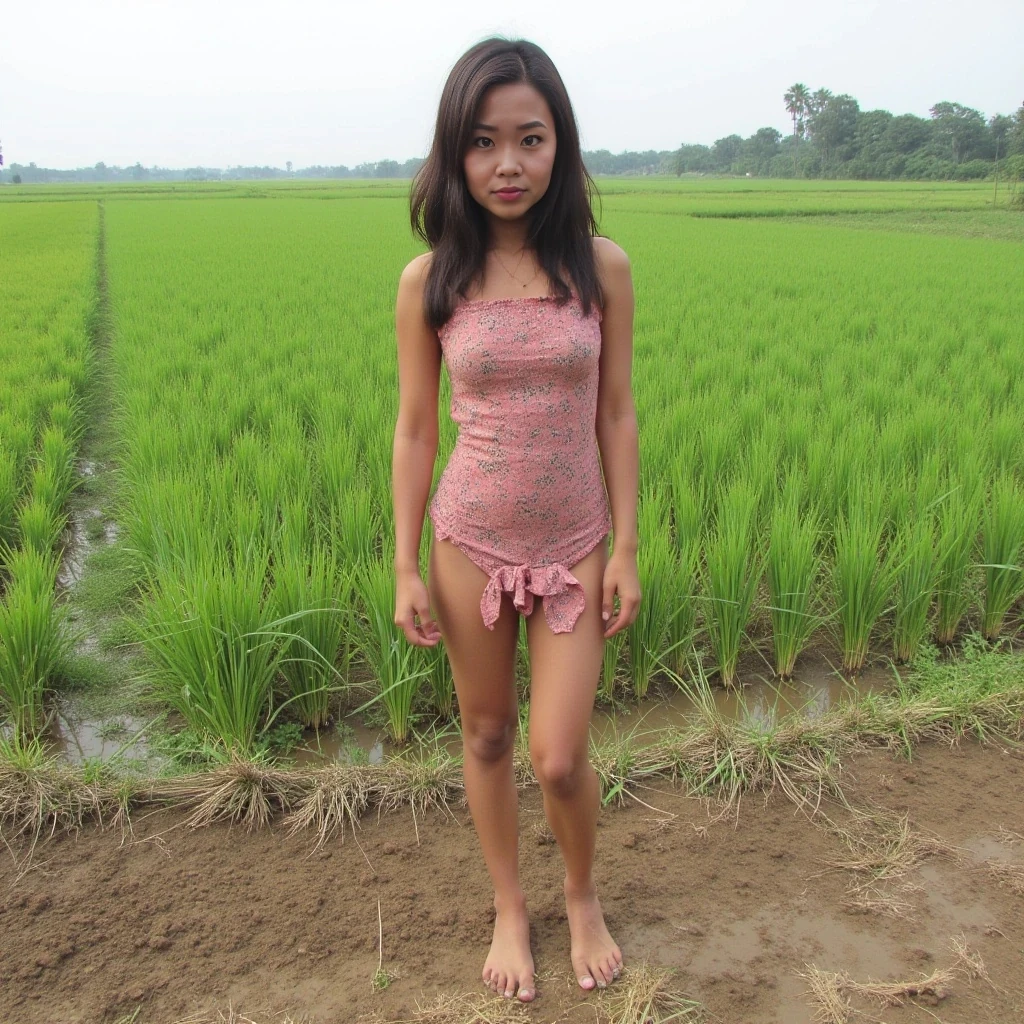 boring low quality snapchat photo circa 2015, asian, cute, slim body, dark brown hair, poor girl outfit, barefoot, muddy dress, rice field background, bigger boobs 