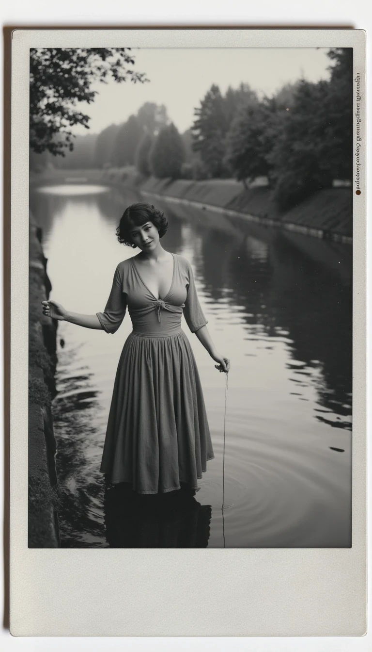 boring low quality snapchat photo circa 2015, black and white polaroid picture of a woman in victorian era. She is wearing victorian era’s dress with opened top showing her bare chest. She is in a water canal doing her laundry.