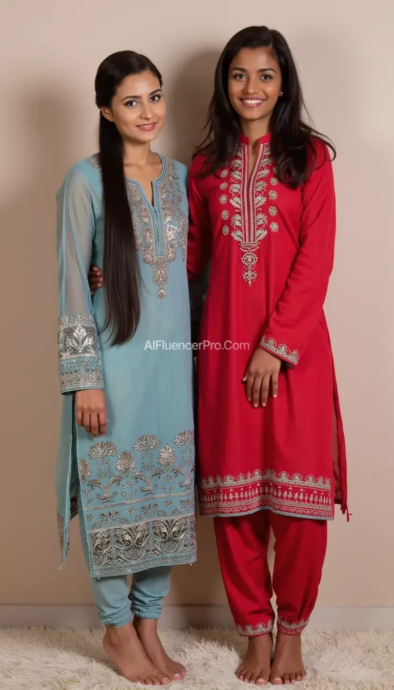 a slutty pakistani women wearing a tight pakistani shalwar kameez dress
standing with a naked black woman 
make full images of both from head to toe
