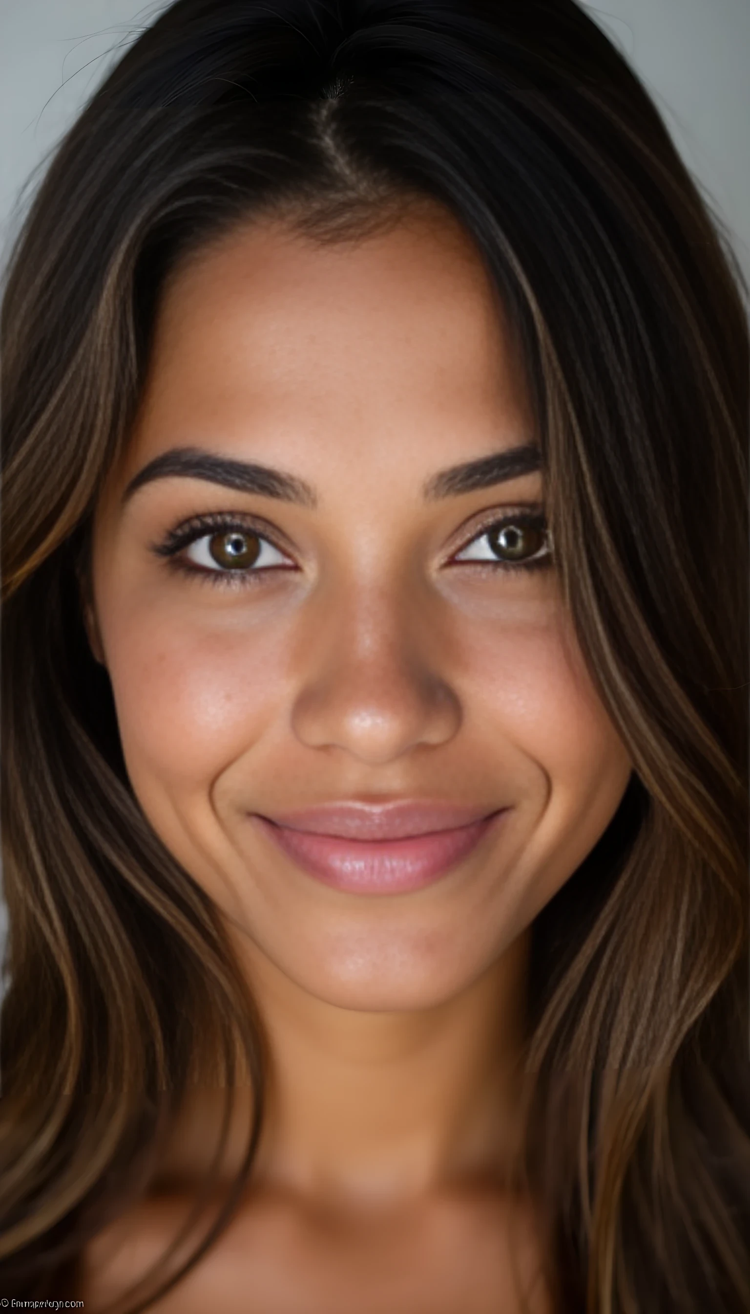 A portrait photo (entire face) of a beautiful 21 years old woman, mixed ethnicity of half white American half Brazilian, with brunette hair, ultra detailed eyes with sharp iris reflections, slight smile, ultra high-quality
