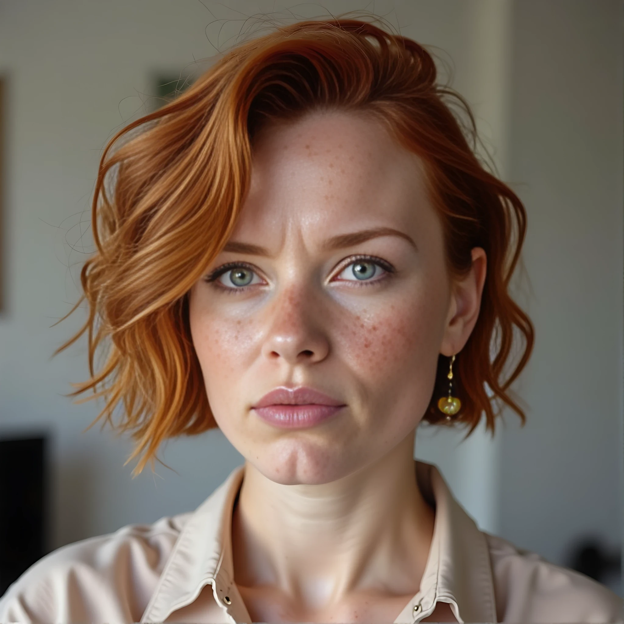 headshot of CSTMDL looking directly at the camera; she has short, red, wavy hair. 