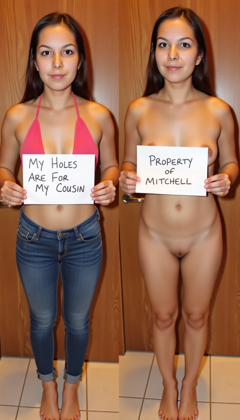 side-by-side two pictures of CSTMDL a young native, slim, woman, standing in front of an bathroom door at a restaurant. On the first picture on the left she wears a casual halter top and tight jeans, and holds a handmade sign with text "My Holes Are For My Cousin". On the second picture in the right she is naked, and holds a handmade sign with text "Property of Mitchell".