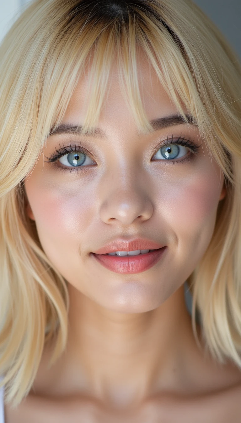 “Close-up portrait of a fictional young woman. Oval face shape with a softly rounded chin, smooth contours, high cheekbones. icy blond shoulder-length wavy bob with a straight fringe across the forehead, shiny and voluminous. Baby-blue almond-shaped eyes, large and expressive, framed by long thick eyelashes, well-groomed slightly arched brows. Small straight nose with a delicate tip. Fuller, symmetrical lips, natural pink tone with a soft glossy finish. Clear, flawless porcelain-like skin, smooth texture, natural radiance, no blemishes. Subtle makeup with light bronzer, soft highlighter, and eyeliner. Gentle, slightly sultry expression, relaxed lips, friendly feminine aura. High-resolution, realistic skin, professional beauty retouch, cinematic lighting, studio-quality portrait.”