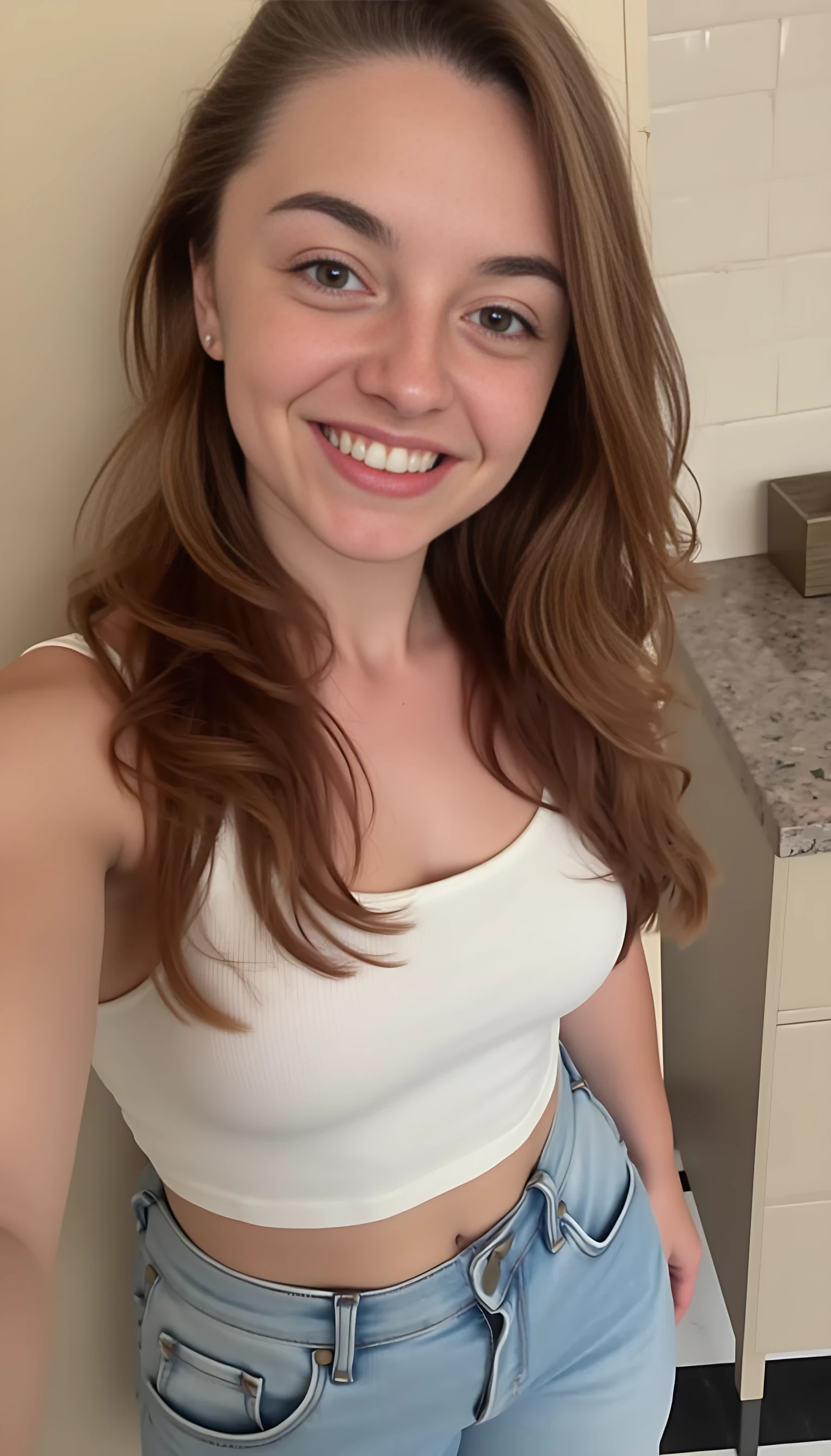 boring low quality snapchat photo circa 2015, cute woman, soft light brown hair, full outfit 