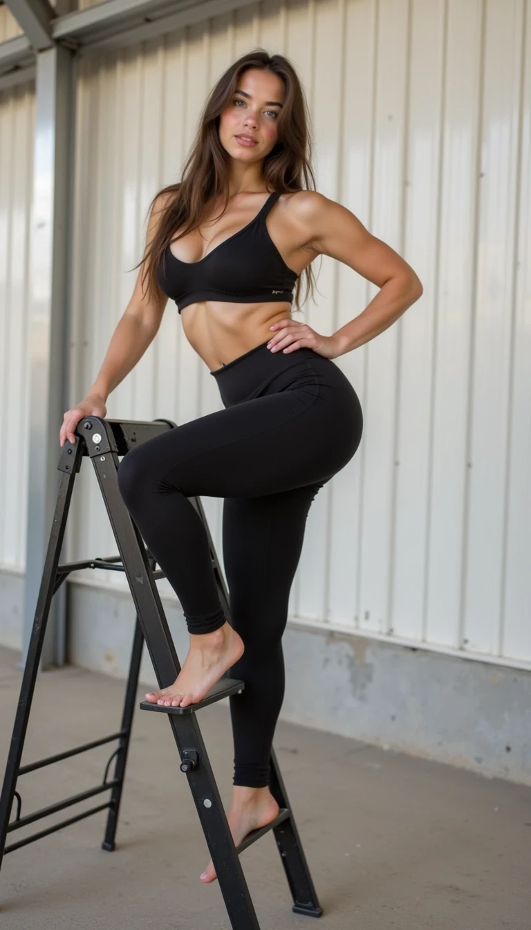 Amateur candid snapshot, Three-quarter shot of CSTMDL 18 year old girl posed with one foot on the second rung of a small folding ladder, wearing a black sports bra showcasing massive boobs and high-waisted black leggings, in an industrial-style room with a white corrugated panel wall.
