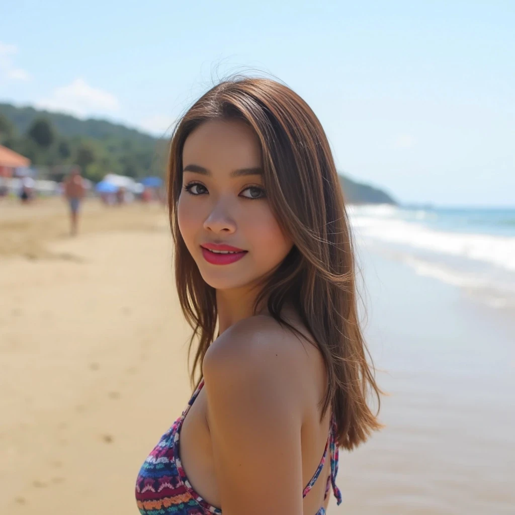 boring low quality snapchat photo circa 2025, cute asian woman, soft light brown hair, bikini on the beach