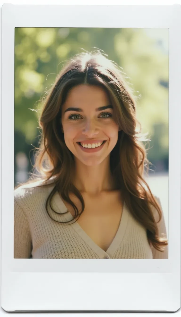 AI image prompt: A Polaroid photo capturing a cute woman smiling warmly, standing outdoors in soft natural light. She has a casual yet stylish look, with loose, wavy hair and wearing a light, comfy sweater. The background is softly blurred, hinting at a park or garden setting, with soft greenery and subtle sunlight filtering through the trees. The Polaroid frame adds a nostalgic, vintage feel to the image, enhancing the warmth and charm of the moment.