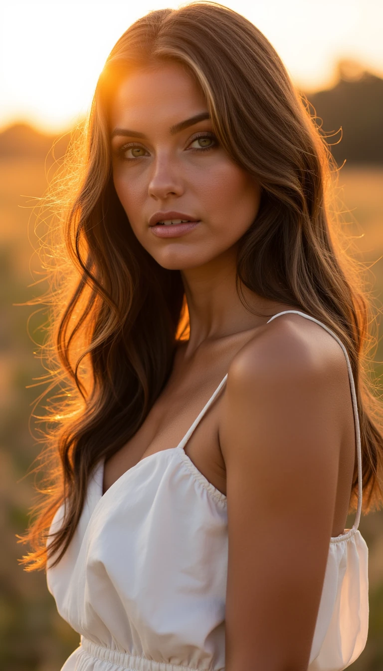 A beautiful woman, age 26, flawless skin, soft glowing light, long wavy hair, subtle makeup, symmetrical face, captivating eyes, elegant pose, wearing a flowing white dress, outdoors in a golden hour sunset, cinematic style, shallow depth of field, soft background bokeh, ultra realistic, high detail, masterpiece, shot on a DSLR, fashion photography