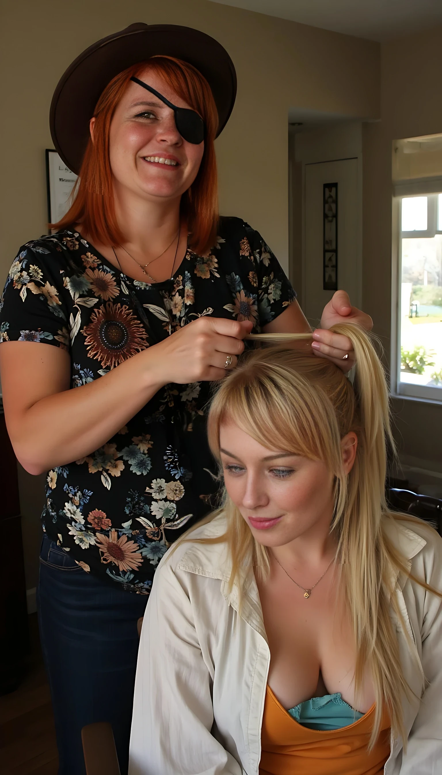 A short natural redhead pixie cut on a women. An eye patch on the just the left eye covering it. A brown cowboy hat. Playful smile. Realistic high quality photo. A long haired blonde woman next to her. The redhead is cutting the woman’s long blonde hair off in a ponytail. The blonde woman is crying in her chair. Show both women.