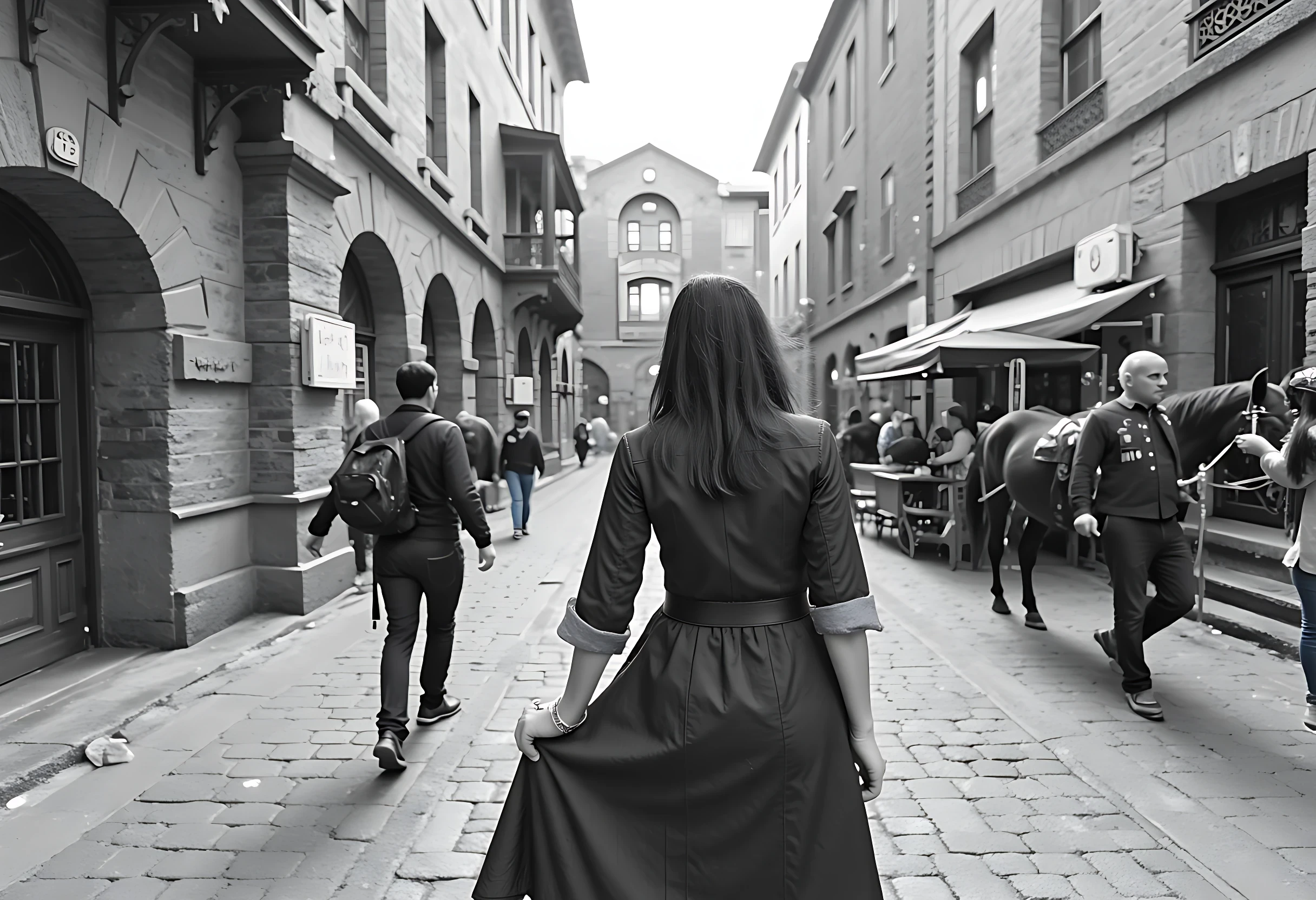 photo of brunette woman CSTMDL bw photo with hude grain from circa 1680, she have dress from 17. century an walk at bussy street ful of people, and horses