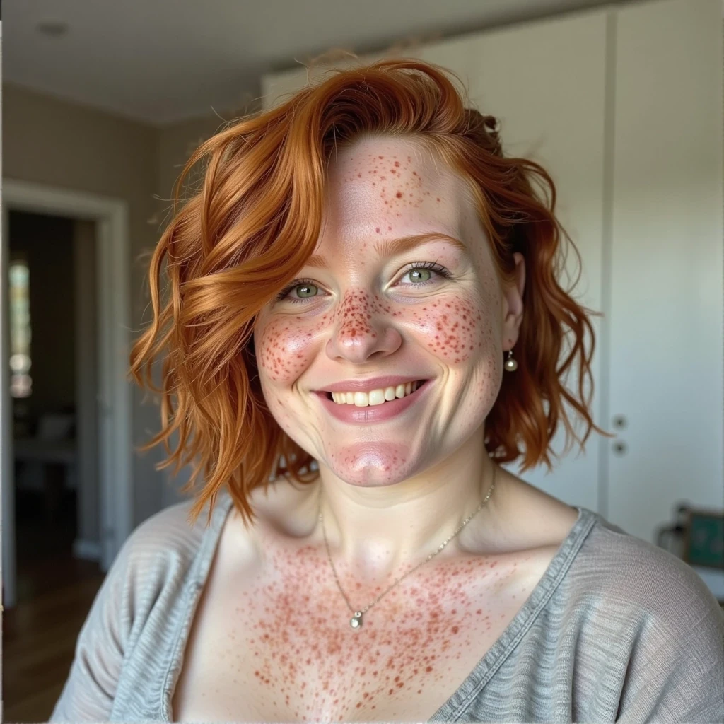 a irish born redhead with short wavy red hair, freckles, green eyes, she is curvy weighs 145 lbs, and has DD breasts, she is happy, with a natural smile








