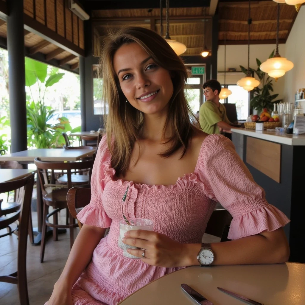 do a pic of Arabella in a cafe in Bali 