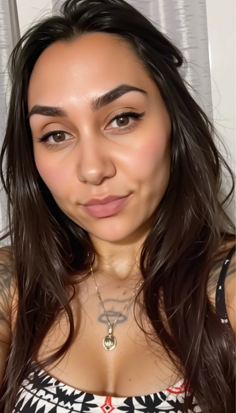  A selfie close up photo of CSTMDL a 35-year-old adult native American woman, she is looking at the camera, she is posing seductively for the camera, she maintains intense eye contact with the camera at all times, she is wearing a onesie lingerie with native American geometric patterns on it, she has very small boobs a flat chest and small sized dark skinned nipples, realistic, no earrings,