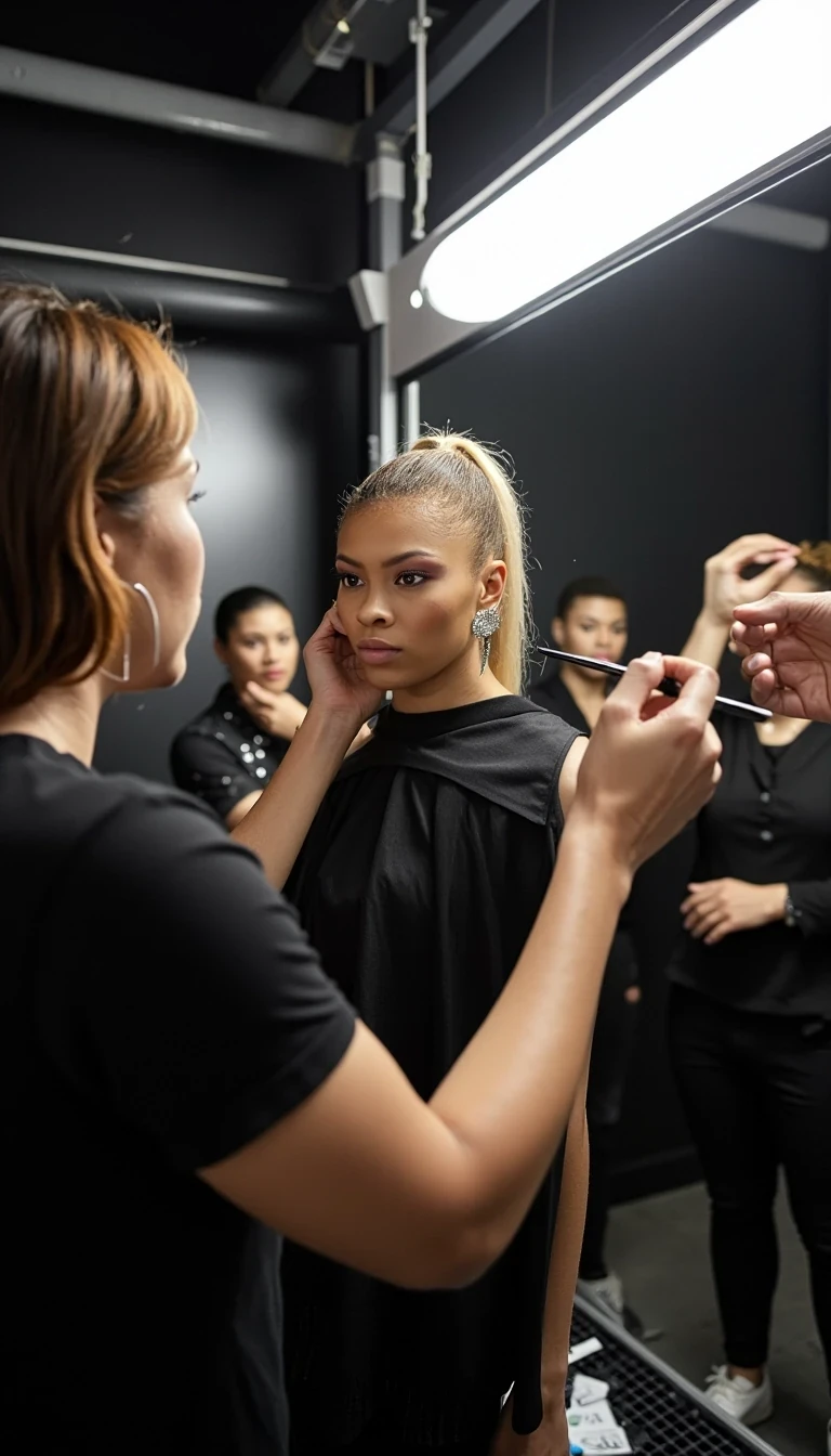 Backstage Energy
Shot on Leica Q3, 28mm f/1.7, ISO 3200, 1/250 sec. Behind-scenes documentary style. Model getting final touches in Balenciaga avant-garde piece. Natural skin texture visible under makeup station lights. Mixed lighting: fluorescent overheads + makeup mirrors creating dimensional light on face. Busy atmosphere: stylists, makeup artists in motion blur. Authentic moment capturing pre-show intensity.
 CSTMDL