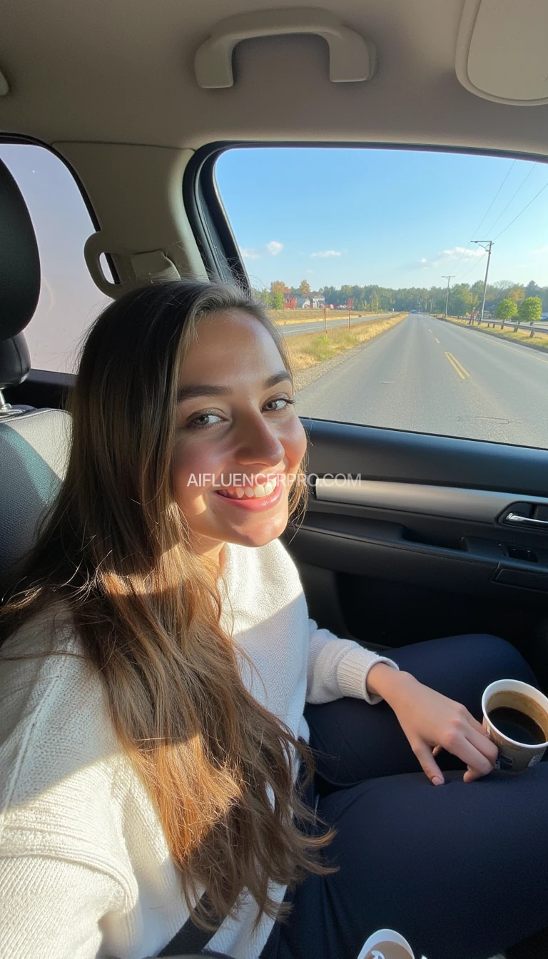 boring low quality snapchat photo circa 2015, A young woman with a warm smile, sitting in the driver's seat of a cozy car. She has soft, wavy brown hair cascading past her shoulders. The sunlight streams through the window, casting a gentle glow on her face. The interior of the car is neat and comfortable, with a coffee cup in the cup holder and a small plant on the dashboard. The background outside the window shows a scenic road lined with trees and blue skies