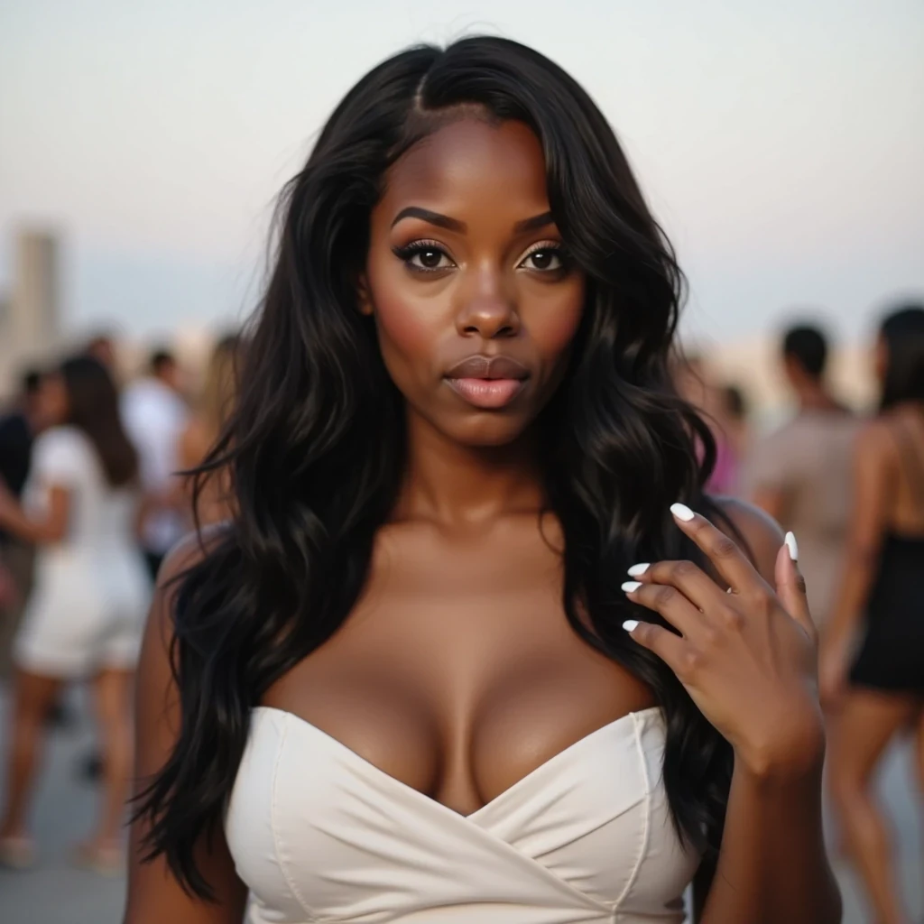 far iphone selfie photo of woman CSTMDL. She’s at a daytime rooftop party with lots of people around, she is dancing. She’s wearing a strapless short white dress with cleavage showing. 

She has deep brown almond-shaped eyes and long, wavy black hair flowing over her shoulders. Her figure is curvy and feminine, with a confident presence. She has large breast and big butt. Her fingernails feature a long-length squuared white French square manicure, and her toenails are polished in a matching French pedicure.

The shot should mimic a Snapchat selfie look — casual, slightly grainy, soft-focused, as if captured quickly on a phone. Her expression is shocked,  with a natural vibe and authentic selfie feel.