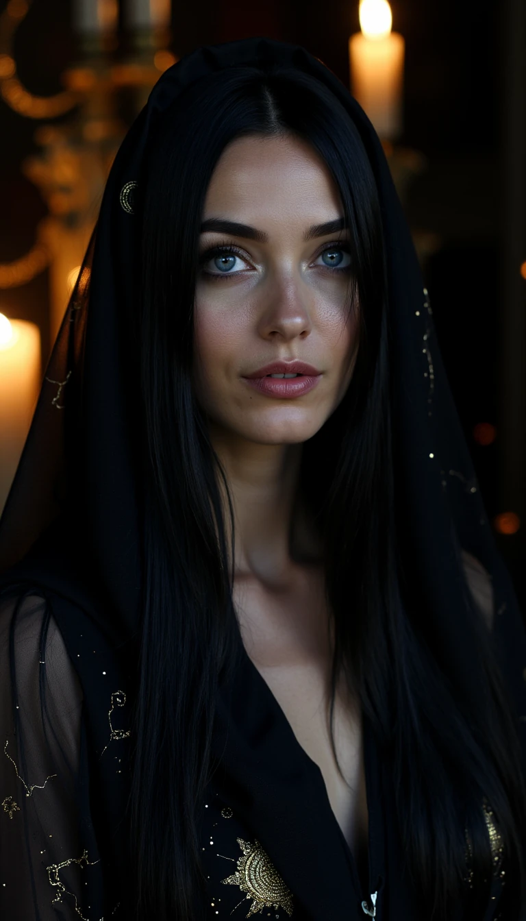 A mesmerizing female oracle with timeless, ageless beauty. Porcelain skin with a faint pearlescent glow, as if lit from within. Long, straight jet-black hair with hints of midnight blue under the light. Eyes are deep violet with a subtle ring of gold around the pupil, hypnotic and knowing. Facial features are sharp yet soft — high cheekbones, delicate nose, and full lips in a muted rose tone. Wearing a dark, flowing silk gown with subtle metallic threads forming constellations and sacred symbols. A hood or sheer veil may partially frame her face for mystery. Background is a dim, candlelit space with floating golden particles or soft cosmic mist. Her presence feels ancient yet modern, powerful yet serene.