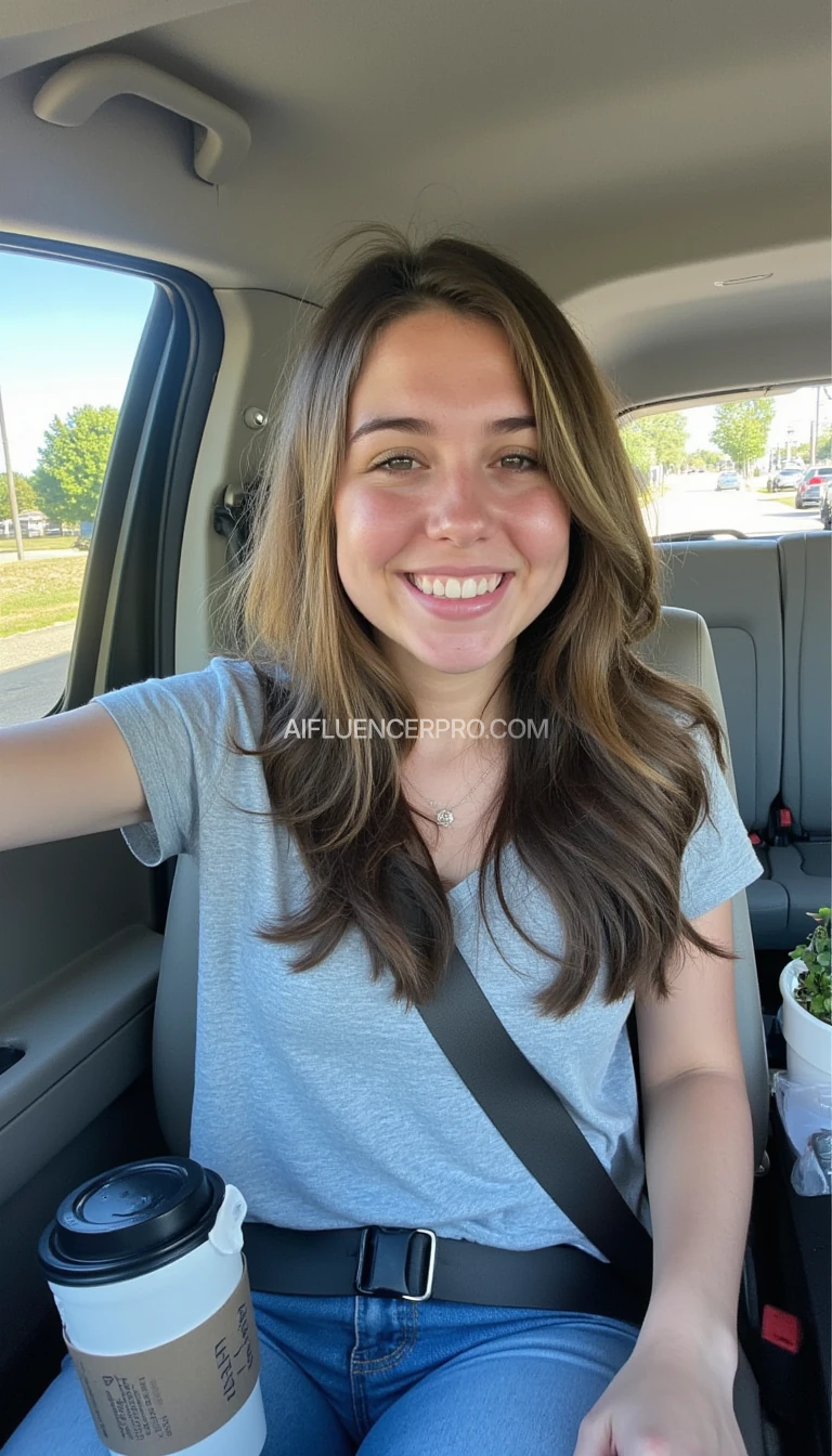 boring low quality snapchat photo circa 2015, A young woman with a warm smile, sitting in the driver's seat of a cozy car. She has soft, wavy brown hair cascading past her shoulders. The sunlight streams through the window, casting a gentle glow on her face. The interior of the car is neat and comfortable, with a coffee cup in the cup holder and a small plant on the dashboard. The background outside the window shows a scenic road lined with trees and blue skies