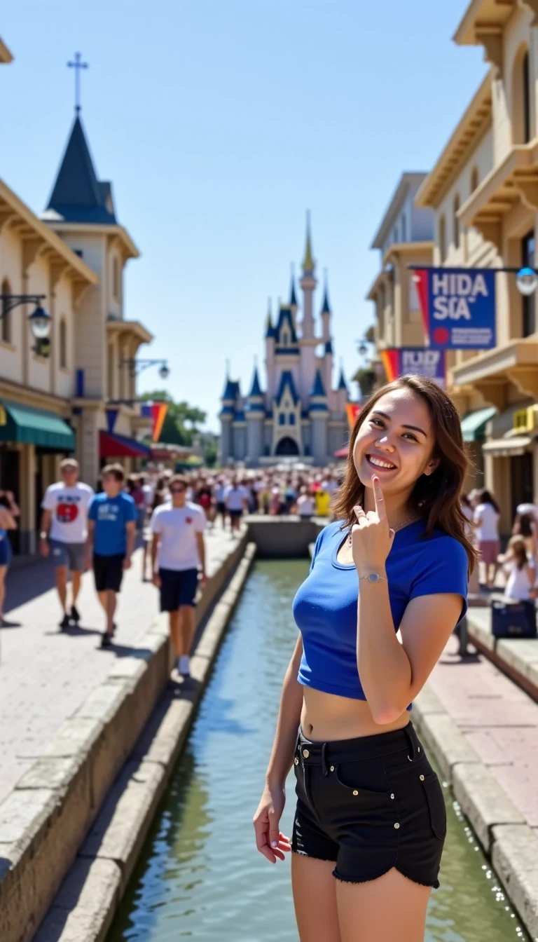 Use 30–40 steps with DPM++ 2M Karras or DPM++ SDE samplers for clean, realistic results.

A cheerful summer day at a busy theme park, with a wide, bustling street lined with classic, vintage-style buildings and lamp posts, leading up to a grand blue-and-gold fairytale castle in the distance. Bright midday sunlight with clear skies, producing vivid high color saturation and high contrast. The scene is illuminated with natural outdoor lighting, casting soft, minimal shadows due to the direct overhead sun. The lighting enhances skin tones and highlights architectural details, creating a vibrant, cheerful atmosphere typical of a summer afternoon at a theme park. Crowds of joyful parkgoers stroll along, some carrying colorful Mickey Mouse balloons. 

In the foreground stands [An unaware] a smiling young East Asian women wearing a royal blue cropped T-shirt and excessively, skin-tight and extremely short tight black short-shorts.

flashing a peace sign with one hand, radiating happiness and youthful energy. A young woman sitting casually beside a shallow water feature with stone steps and warm tan walls, smiling naturally while holding her phone. Captured in bright midday sunlight under clear skies, producing vivid but balanced color saturation and realistic skin tones.
Soft ambient reflections bounce from the stone surfaces and water, gently illuminating her face and creating a cheerful, lifelike summer atmosphere. The scene feels candid, authentic, and full of warmth.

Shot on Canon EOS R5, 85 mm f/1.4, cinematic grading, 8K UHD, ray-traced lighting, V-Ray render-level detail, no CGI, no digital smoothing, no stylized art.
Lighting is naturally diffused with subtle directional contrast, retaining every micro-texture—no plastic skin, no blur, no fake symmetry, no anime.
Realistic depth of field, accurate exposure, and detailed color balance replicate a true DSLR photo look.

Atmosphere: Summer afternoon, peaceful urban park walkway, mild breeze, reflections shimmering across the water’s surface.
Mood: Relaxed, warm, and genuine — authentic expression and tactile realism throughout.

Rendering Parameters:
	•	Sampler: DPM++ 2M Karras / DPM++ SDE Karras
	•	Steps: 30 – 40
	•	CFG Scale: 7 – 8
	•	Resolution: 768 × 1152 or higher
	•	Seed: fixed or random for natural variance
	•	Model: Realistic Vision v6 / EpicRealism / DreamShaper XL V2

⸻

🚫 Negative Prompt (refined to preserve full realism):

cartoon, 3d, cgi, painting, illustration, stylized, smooth plastic skin, blurry eyes, overexposed highlights, artificial symmetry, airbrushed, low contrast, low detail, uncanny valley, doll-like, flat lighting, bad anatomy, fake reflection, color banding, unnatural pose, lens distortion, jpeg artifacts
