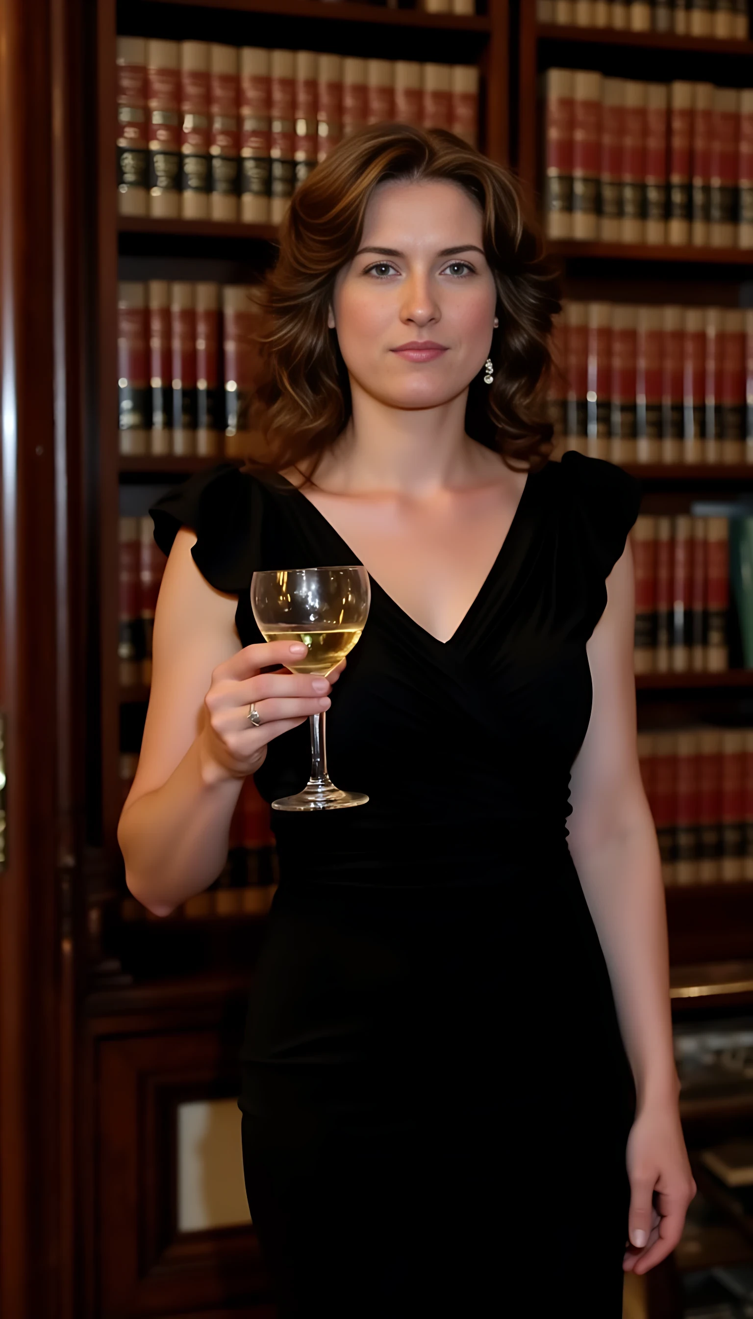 photo of woman CSTMDL, classy portrait. The photo is taken in the summer 2024. It’s a photo taken by night, during a reception in a French manor. The woman has a proud and haughty attitude, with a cold smile showing almost contempt. she wears a designer dress that shows her off. it's a magnificent black dress with a timeless classicism. She is the organizer of the evening, and she deserves admiration for that. She holds a glass of wine in her hand.
She’s in the library of the manor. Books are on beautiful “art nouveau” shelves and pieces of Khmer art are displayed. There’s a few people in the room, like 2 or 3, hosts of the woman. They look pale and jealous of her beauty and of her wonderful evening she organised.