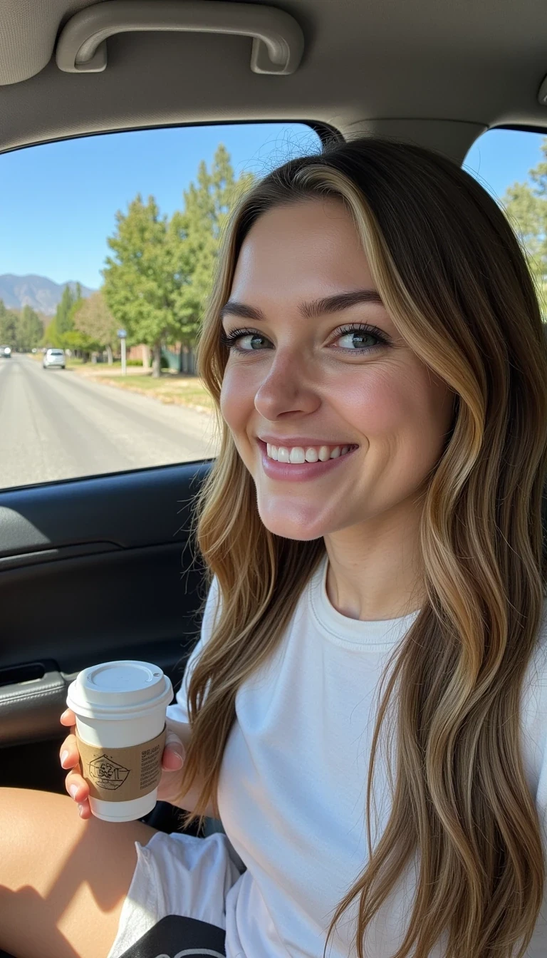 boring low quality snapchat photo circa 2015, A young woman with a warm smile, sitting in the driver's seat of a cozy car. She has soft, wavy brown hair cascading past her shoulders. The sunlight streams through the window, casting a gentle glow on her face. The interior of the car is neat and comfortable, with a coffee cup in the cup holder and a small plant on the dashboard. The background outside the window shows a scenic road lined with trees and blue skies