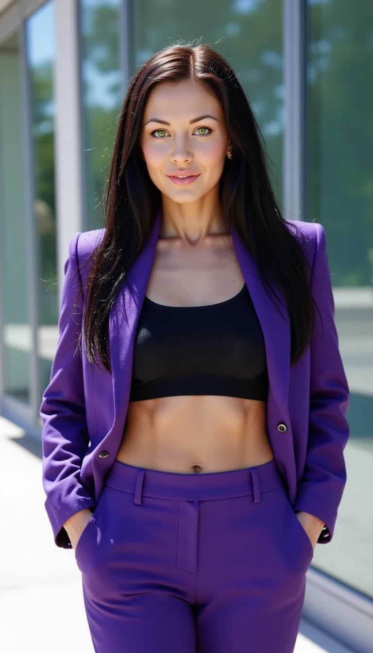  CSTMDL, haxel green eyes, long dark silky hair,5'5"height   size C ROUND Breasts, tiny waist 18 INCHES ,120 POUNDS, VERY PETITE toned,  fit, feminine, ultra realistic 8k, . 
"A confident woman with long black hair and striking hazel-green eyes, wearing a tailored royal purple pantsuit with a cropped black top. She stands outdoors near a modern glass building, hands in her pockets, radiating elegance and professionalism. She wears statement earrings and heels, her posture straight and poised, with a natural, warm smile. The lighting is bright and natural, highlighting her polished look and sophisticated style.  . Almond shaped  hazel green eyes false eyelaahes, plump lips, and toned, muscular feminine body.  CSTMDL-NIKKI 