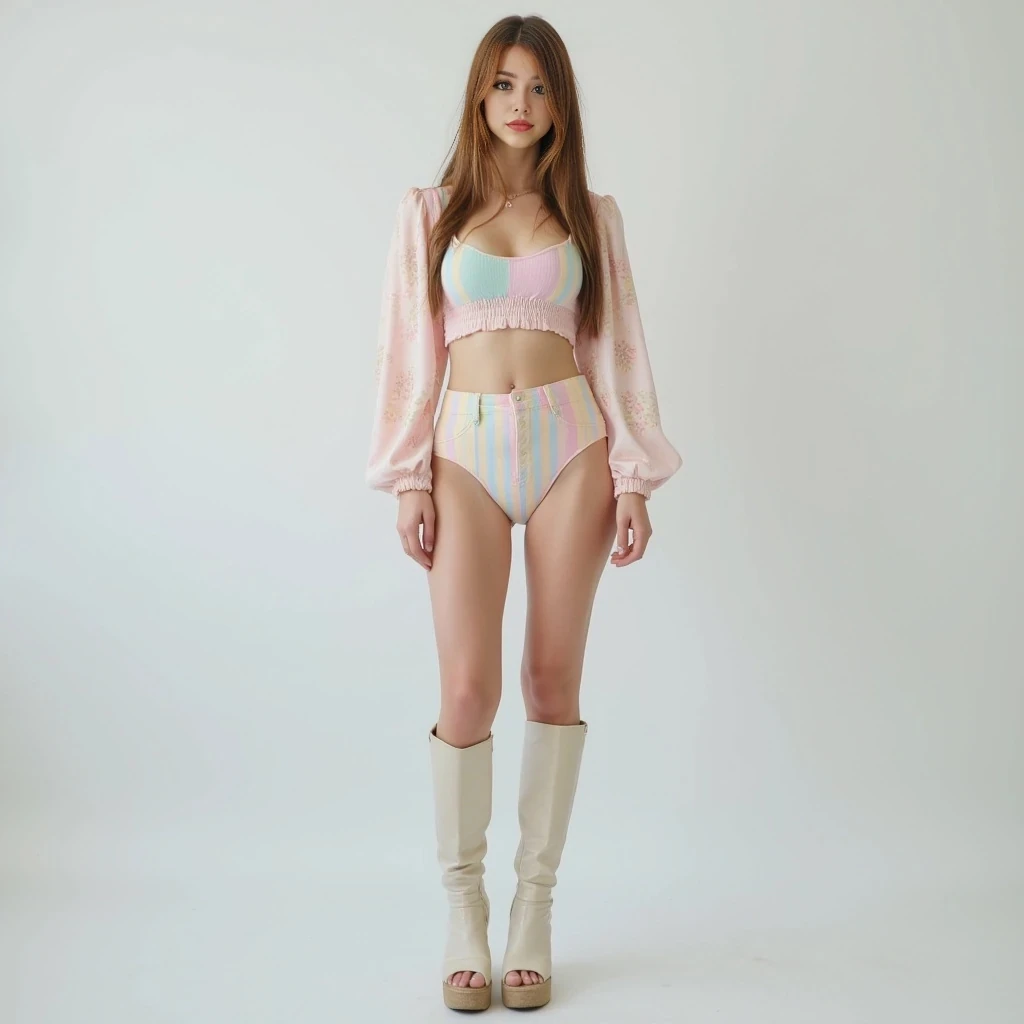 A full body shot photo of a young woman with long legs, thick thighs, slender waist, big perky boobs, ivory complexion, wearing a pastel goth outfit