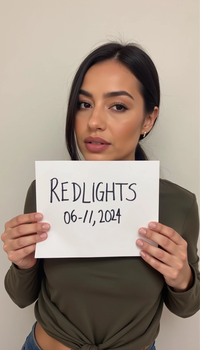 photo of woman CSTMDL, casual photo taken on an iPhone, woman holds a sign with handwritten text. She is wearing long sleeves and has neutral makeup. The sign reads "REDLIGHTS" followed by "06/11/2024" in a simple script. The background is a plain, light-colored wall.