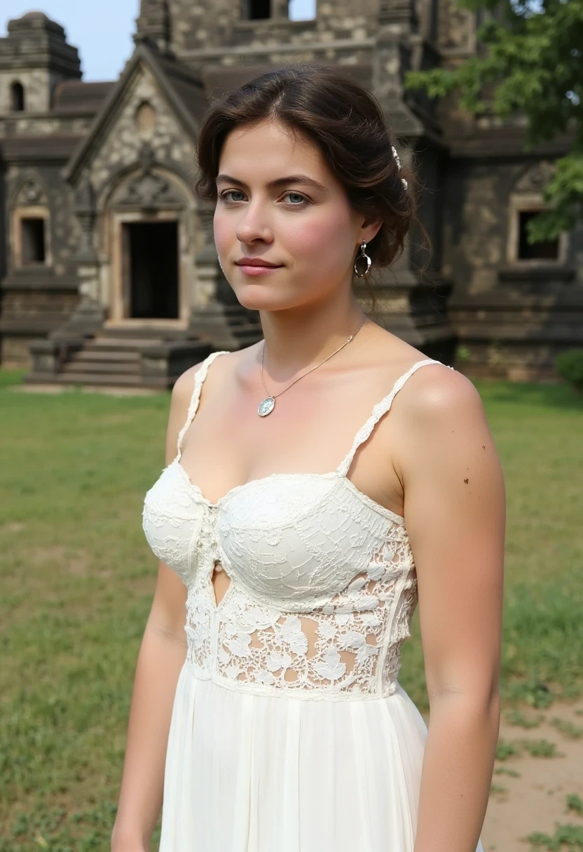 woman CSTMDL, photo ((medium)), brunette, blue eyes, cold smile, 1900 white dress, small pendant, tied hair, big breast, thin waist, cambodian khmer ruins in background