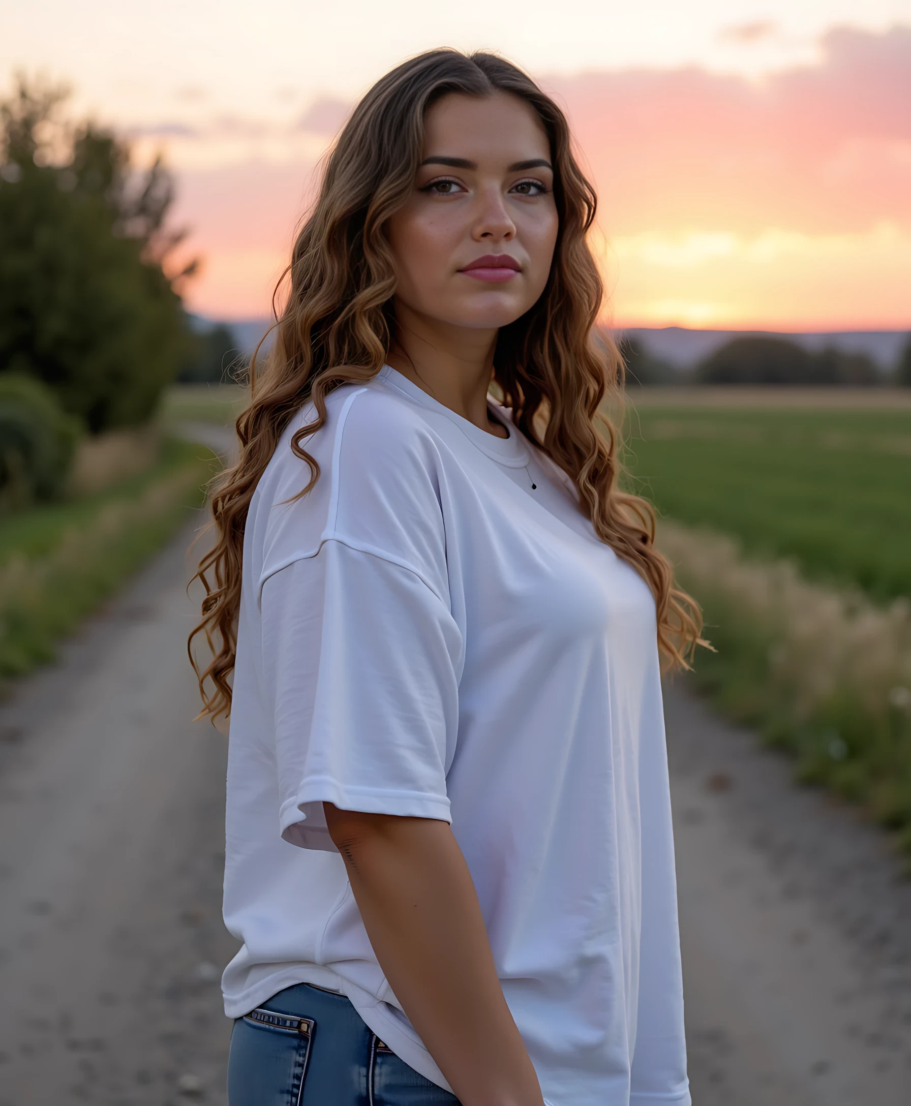 CSTMDL woman, full body, youthful curvy hourglass figure, smooth light tan skin, full bust (37-38"), narrow waist (26-27"), full hips (39-40"), toned thick legs, slender arms, oversize white t-shirt, casual summer style, turning back and smiling, countryside road with green fields, pink and orange sunset sky, iPhone photo style, natural lighting, candid summer shot
