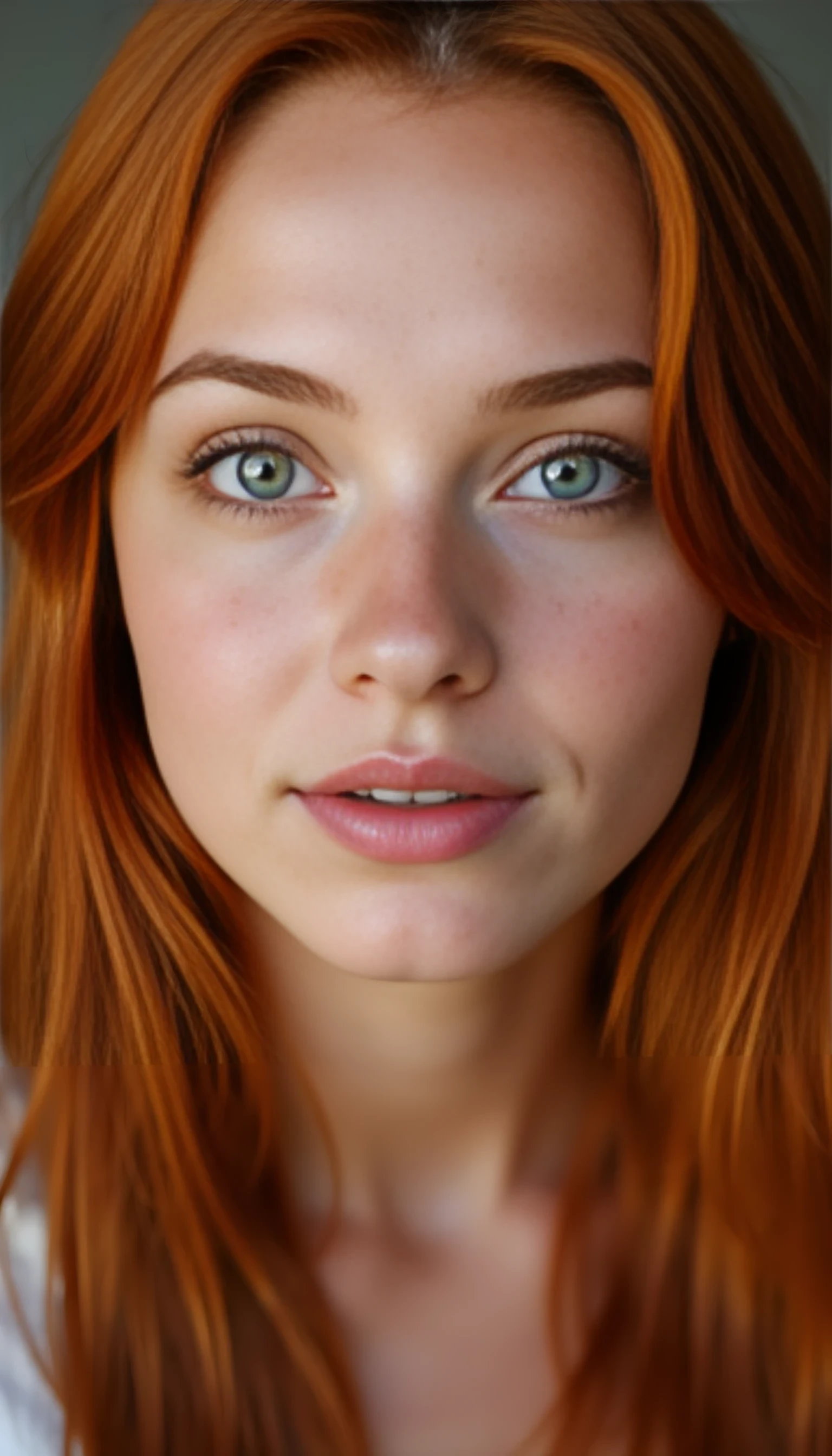 A portrait photo of a beautiful 20 years old model, mixed ethnicity of half white American half Brazilian, with soft red hair, emerald green eyes, light freckles across her nose, ultra detailed eyes with sharp iris reflections, slight smile, studio-quality, extremely realistic HD