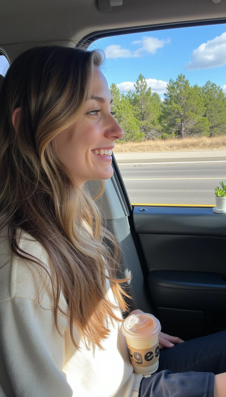 boring low quality snapchat photo circa 2015, A young woman with a warm smile, sitting in the driver's seat of a cozy car. She has soft, wavy brown hair cascading past her shoulders. The sunlight streams through the window, casting a gentle glow on her face. The interior of the car is neat and comfortable, with a coffee cup in the cup holder and a small plant on the dashboard. The background outside the window shows a scenic road lined with trees and blue skies