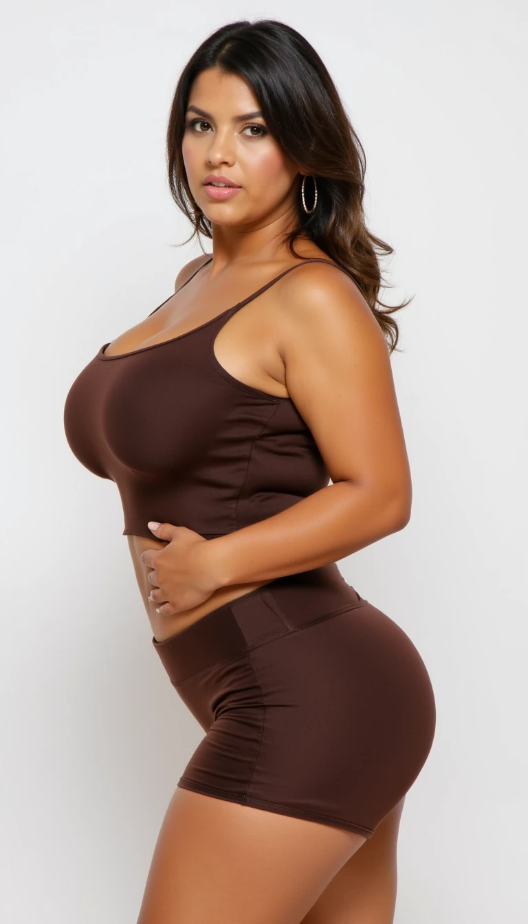 photo of woman  with massive boobs posing like a slut,  she should be wearing hoop earrings, she should be wearing tight boy shorts, she should be wearing a low cut spaghetti strap tank top, she should be posing in a brightly lit studio, , full body pics, seductive poses, showing off her ass,score_9,score_10