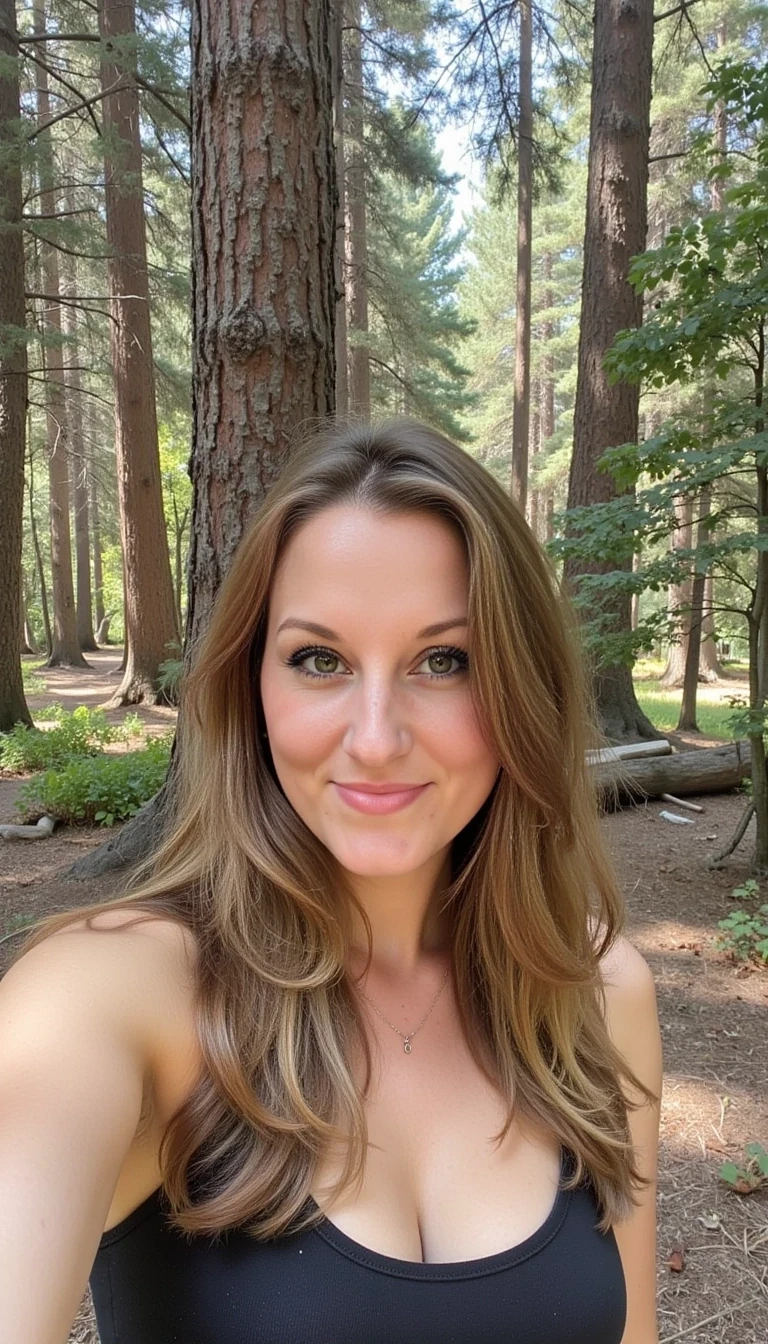 Photo of woman CSTMDL standing outside in the forest selfie