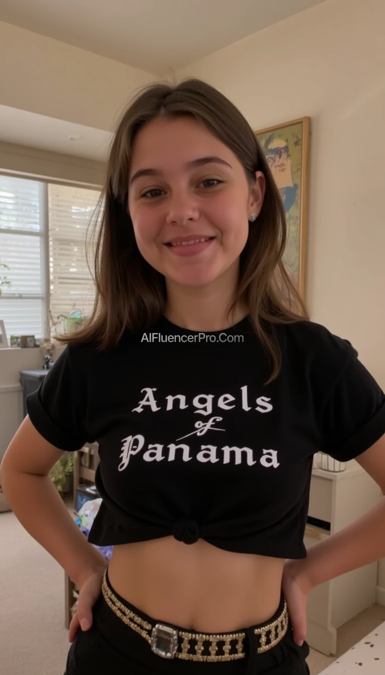 snapchat style picture of girl with thick brown hair wearing a black croptop shirt that says "Angels of Panama" in a Palm Angels type font above the chest and takes up a good portion of the room