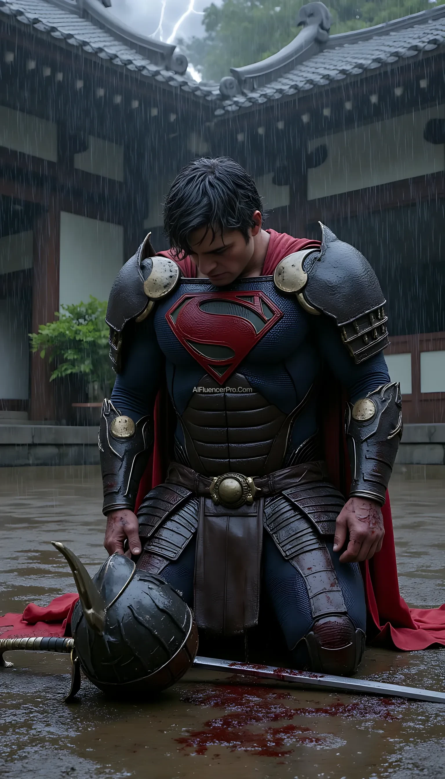 A photorealistic Superman wearing a battle-worn samurai-inspired suit, kneeling in exhaustion after an intense fight. The samurai armor is damaged, with scratches, dents, and torn edges revealing the hardships of battle. The once-pristine metallic plating is smeared with dirt and blood, while the iconic 'S' symbol on his chest remains faintly visible through the grime. His futuristic samurai helmet lies discarded beside him, revealing his disheveled hair and bruised face, marked with determination despite his fatigue. He kneels in a torrential downpour, using his katana to support himself, the blade partially embedded in the wet stone ground. Rain cascades over his battered figure, mixing with blood and mud as it pools around him. The scene is set in an ancient Japanese temple courtyard, shrouded in darkness and lit only by occasional flashes of lightning. Thunder rolls in the distance, adding to the dramatic intensity of the moment as Superman gathers his strength, ready to rise again